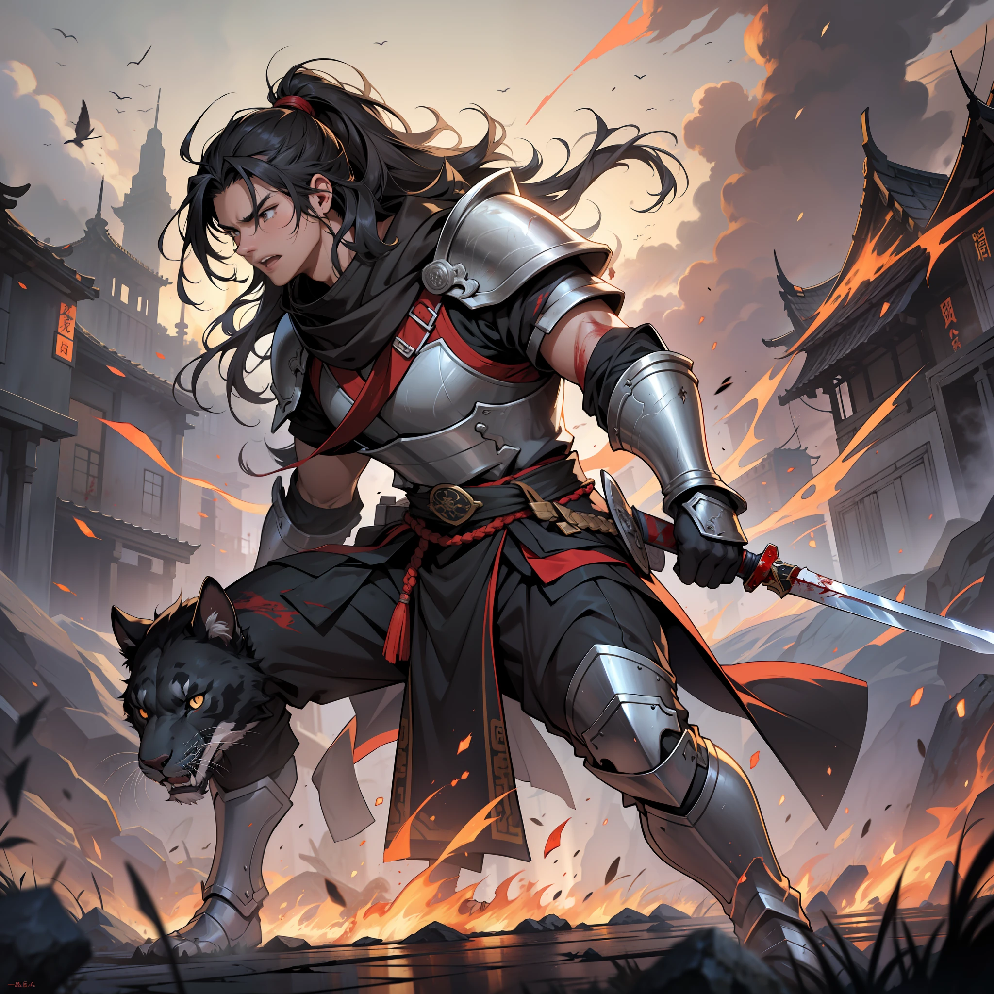 Absurd resolution, high resolution, (masterpiece: 1.4), hyper-detail, ancient Chinese, black long-haired young man (1.3), roar (1.2), cry (1.2), warrior in broken armor, wielding sword, blood, fighting, standing on ancient city walls (1.3), battlefield, blood-stained battlefield, (multi-person battlefield 1.5) dusk, fire