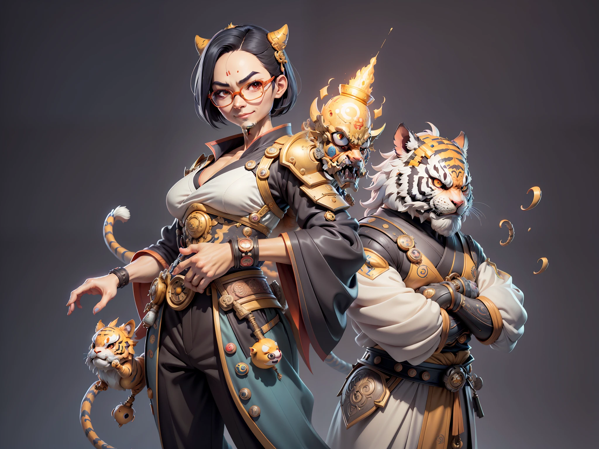 (Masterpiece), (Excellent), (Super Meticulous), (Full Body: 1.2), Super Young Man with Japanese Female Geisha, Pretty, Beautiful, Chinese Dragon, Tiger, Wind God Thor, Sexy, Bursting, Oriental Face, TV Anchor, Bust Portrait Illustration, Black Suit, Blue Tie, Slightly Chubby Face, Silver Glasses, Very Clean Face, No Beard on Chin, Black Super Short Hair, Black Eyes, Confident Smile, 3c Computer Sub-Products, iPad, iPhone, Digital Painting, 3D character design by Mark Clairedon and Pixar and Hayao Miyazaki and Akira Toriyama, the illustrations are HD illustrations in 4K resolution with highly detailed facial features and cartoon-style visuals.
