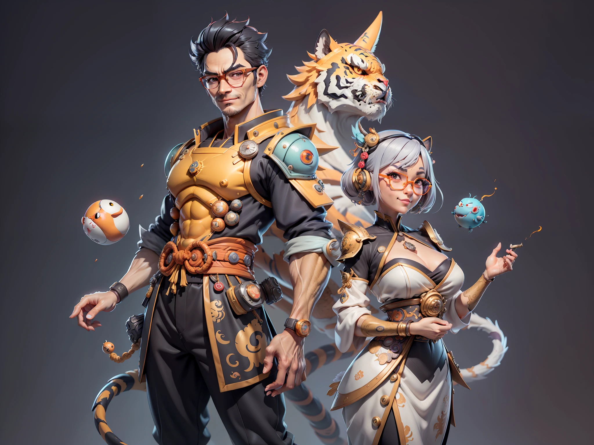 (Masterpiece), (Excellent), (Super Meticulous), (Full Body: 1.2), Super Young Man with Japanese Female Geisha, Pretty, Beautiful, Chinese Dragon, Tiger, Wind God Thor, Sexy, Bursting, Oriental Face, TV Anchor, Bust Portrait Illustration, Black Suit, Blue Tie, Slightly Chubby Face, Silver Glasses, Very Clean Face, No Beard on Chin, Black Super Short Hair, Black Eyes, Confident Smile, 3c Computer Sub-Products, iPad, iPhone, Digital Painting, 3D character design by Mark Clairedon and Pixar and Hayao Miyazaki and Akira Toriyama, the illustrations are HD illustrations in 4K resolution with highly detailed facial features and cartoon-style visuals.