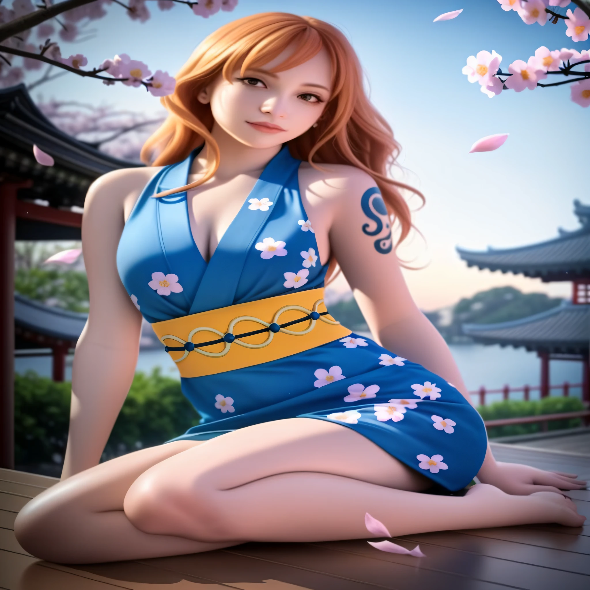 masterpiece, (photorealistic: 1.5), top quality, beautiful lighting, real life,
Nami \(One Piece\),
1 girl, architecture, cherry blossoms, east Asian architecture, petals fall, gold, kimono, log pose, long hair, view viewer, open mouth, orange hair, petals, shoulder tattoo, solo, tattoo, teeth, upper teeth only
, complex, high detail, sharp focus, dramatic, beautiful girl , (RAW photography, 8k UHD, film grain), caustics, subsurface scattering, reflection, negative prompt
(painting by bad-artist-anime:0.9), (painting by bad-artist:0.9), watermark, text, error, blurry, jpeg artifacts, cropped, worst quality, low quality, normal quality, jpeg artifacts, signature, watermark, username, artist name, (worst quality, low quality:1.4), bad anatomy