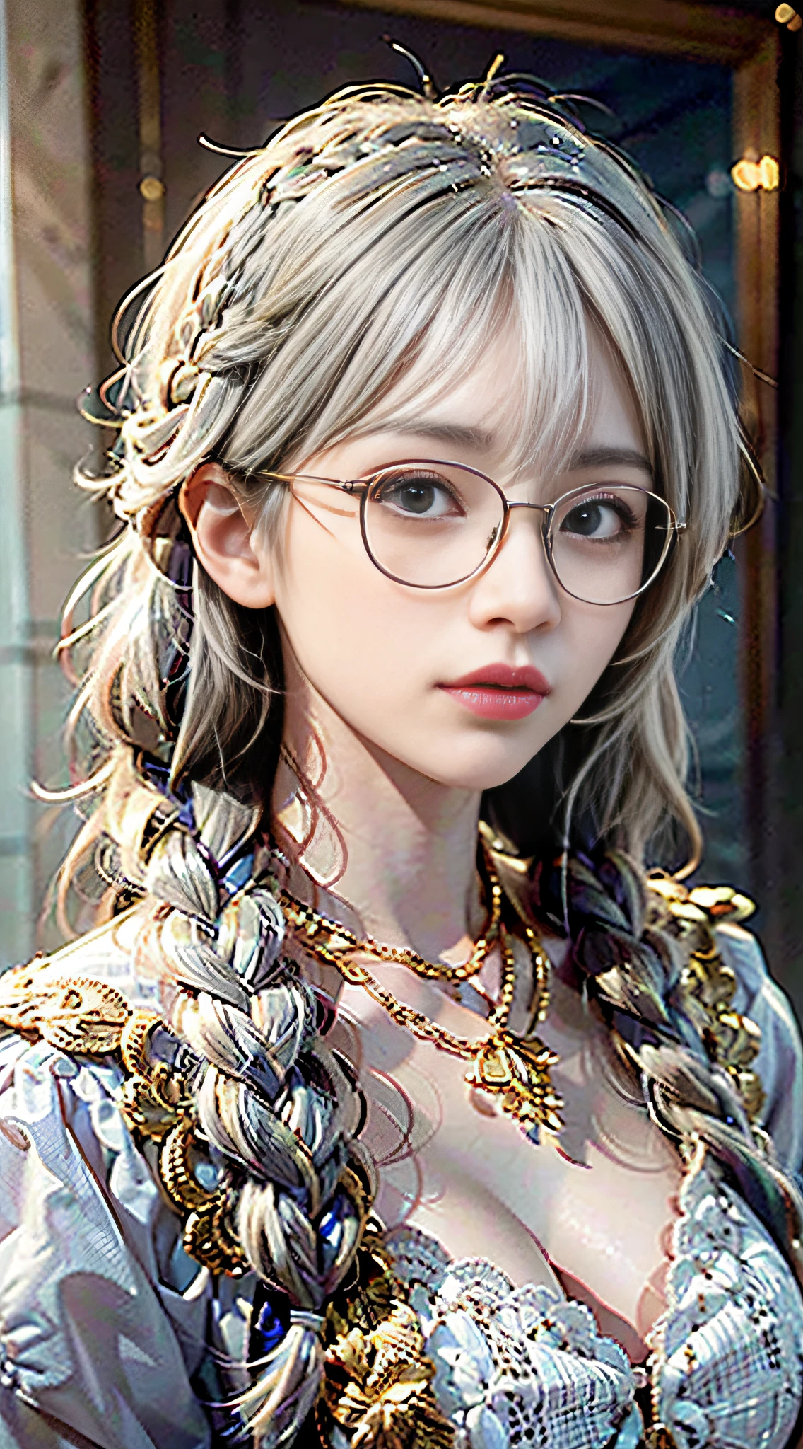 best quality, masterpiece,white hair, gold eyes,white clothes, looking up, upper body,hair strand,Fair skin,side braids,(wearing glasses, extremely detailed)