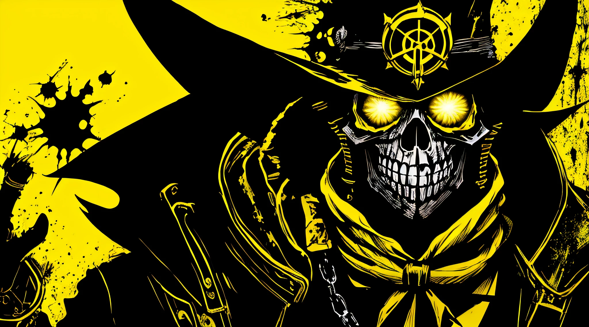 yellow and black, skull face medieval sorcerer, in the style of Mork Borg, strong contrast, grunge dirty punk splash art, zine black metal, punk color splash background