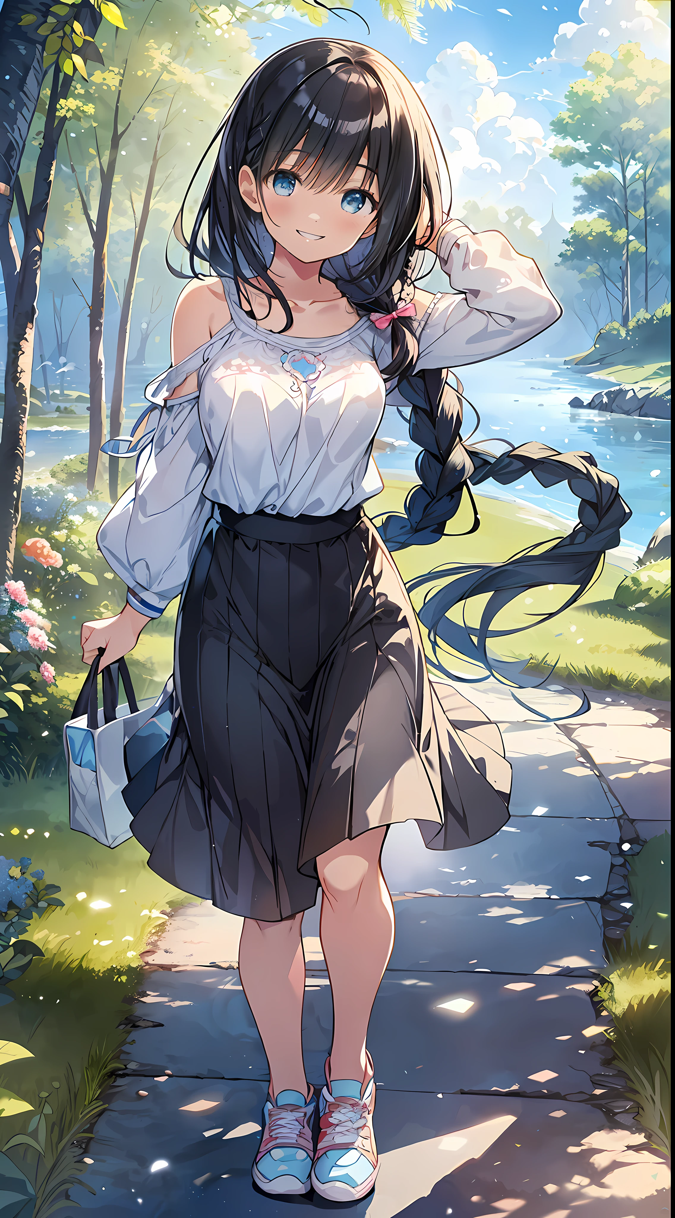 Top Quality, Masterpiece, Ultra High Definition, 8k, Summer Sky, Early Summer, (Light Blue Maxi Skirt, Light Knit, Sneakers), Shojo Manga Style Loli, One, Soft Line Art, Digital Enhancement, Shoujo Manga Touch, Shojo Manga Core, Flowing Fabric, Close Up, (Shoulder Length and Short Braid)), Wet Hair, Staring at Us Head-on, Soft Drawing, Beautiful Black Hair, clear eyes, ((teasing smile)), ultra-detailed digital anime art, clear face depiction, ultra-detailed shoujo manga character art, ultra-detailed manga style, top quality colors, hand gestures, landscape with nature, looking up at the sky, angle that can be seen up to the feet