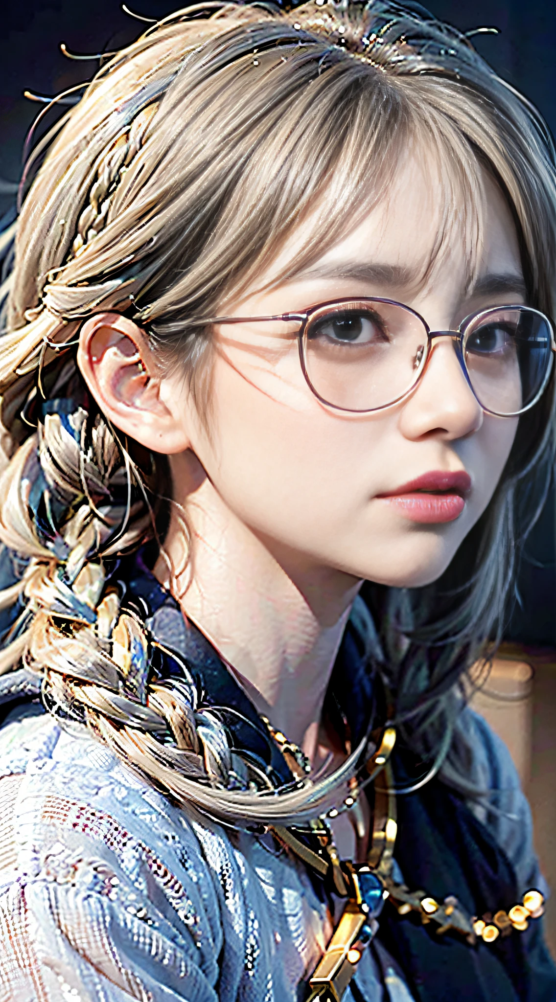 best quality, masterpiece,white hair, gold eyes,white clothes, looking up, upper body,hair strand,Fair skin,side braids,(wearing glasses, extremely detailed)