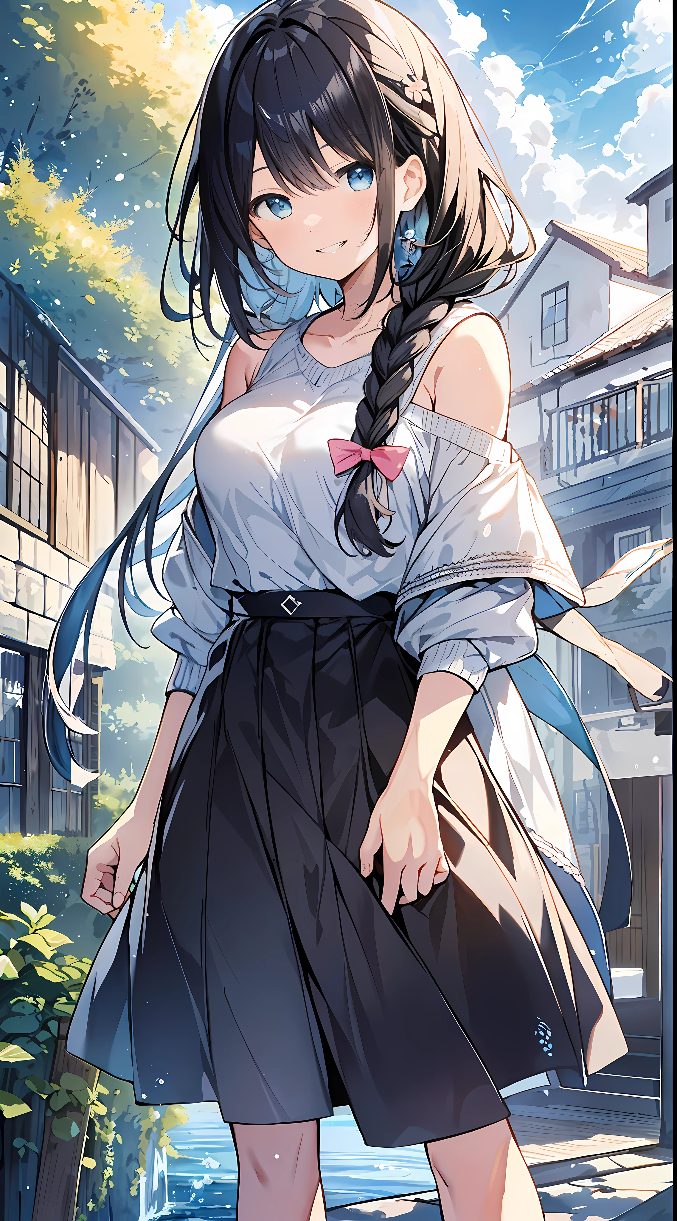 Top Quality, Masterpiece, Ultra High Definition, 8k, Summer Sky, Early Summer, (Light Blue Maxi Skirt, Light Knit, Sneakers), Shojo Manga Style Loli, One, Soft Line Art, Digital Enhancement, Shoujo Manga Touch, Shojo Manga Core, Flowing Fabric, Close Up, (Shoulder Length and Short Braid)), Wet Hair, Staring at Us Head-on, Soft Drawing, Beautiful Black Hair, clear eyes, ((teasing smile)), ultra-detailed digital anime art, clear face depiction, ultra-detailed shoujo manga character art, ultra-detailed manga style, top quality colors, hand gestures, landscape with nature, looking up at the sky, angle that can be seen up to the feet