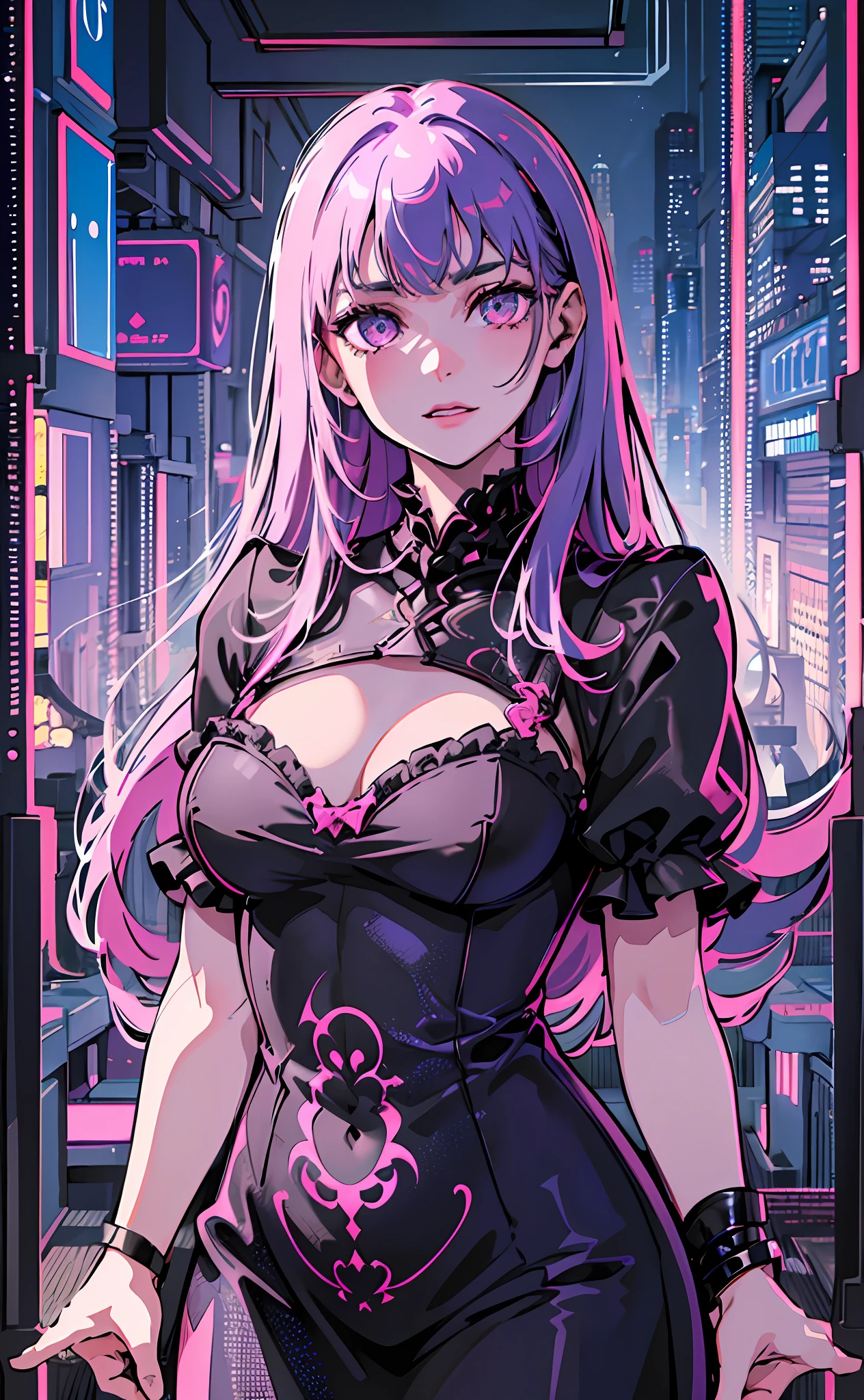 (exquisitely detailed CG, best quality, best lighting), an alluring woman in a black short dress with breathtaking pink eyes, standing tall with pink hair, gazing over the stunning Tokyo skyline at night, masterpiece,best quality,ultra-detailed,very detailed illustrations,extremely detailed,intricate details,highres,super complex details,extremely detailed 8k cg wallpaper, caustics,reflection,ray tracing, 1girl:1.4), solo, alone,neon lights, detailed background, ((masterpiece)), absurdres, HDR, (Classic headshot pose), extremely detailed 8K wallpaper,cyberpunk city,masterpiece,highres,detailed manga illustration,