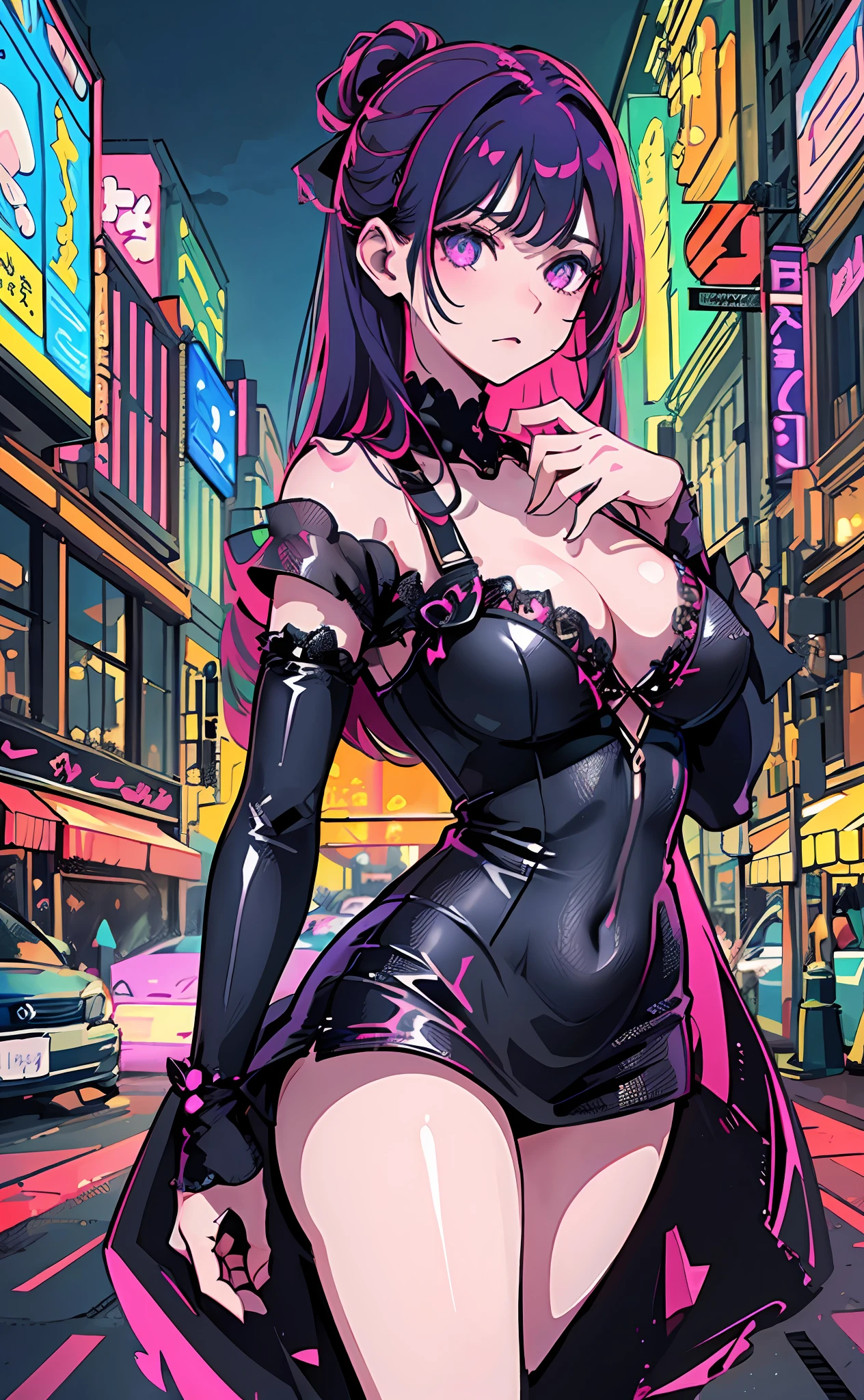 (exquisitely detailed CG, best quality, best lighting), an alluring woman in a black short dress with breathtaking pink eyes, standing tall with pink hair, gazing over the stunning Tokyo skyline at night, masterpiece,best quality,ultra-detailed,very detailed illustrations,extremely detailed,intricate details,highres,super complex details,extremely detailed 8k cg wallpaper, caustics,reflection,ray tracing, 1girl:1.4), solo, alone,neon lights, detailed background, ((masterpiece)), absurdres, HDR, (Classic headshot pose), extremely detailed 8K wallpaper,cyberpunk city,masterpiece,highres,detailed manga illustration,