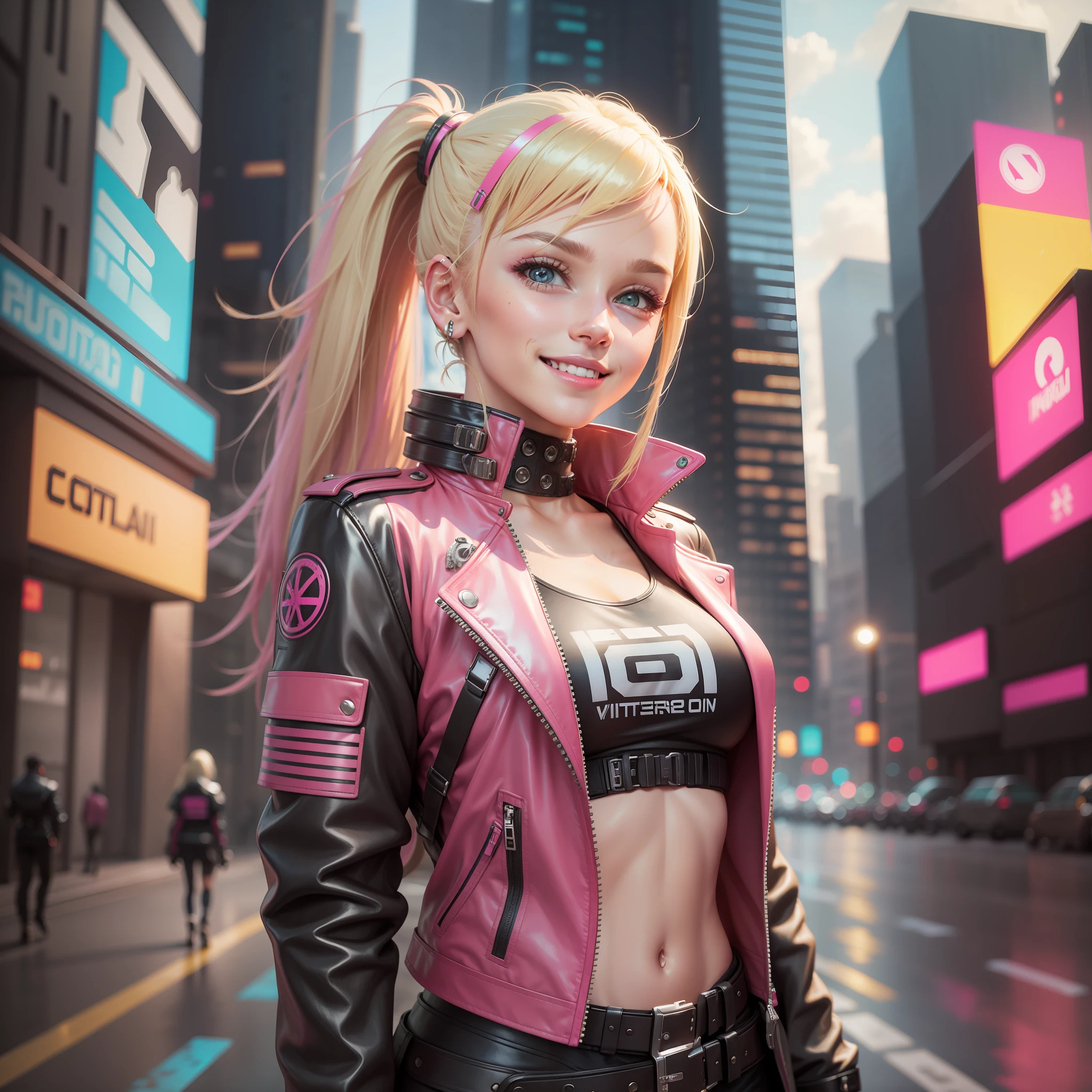 Cyberpunk Girl Ponytail Futuristic World Best Quality Smile Masterpiece Beautiful Girl Leather Jacket Blonde Pink Hair
