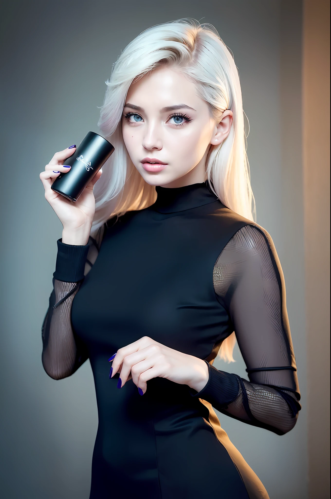 1girl, beautiful retro colors, instagram (realistic, high resolution: 1.4), ((puffy eyes)), looking at the viewer, full body (8k, RAW photo, best quality, masterpiece: 1.2), (realistic, photorealistic photo: 1.37), (sharp focus: 1.2), professional lighting, photon mapping, radiosity, physically based rendering, (pale skin: 1.2), (small breast: 1.2), looking at the audience, (medium hair: 1.5), portrait, Purple eyes, (silver: 1.1), bangs, (simple background: 1.4), solo, upper body, realistic, (masterpiece: 1.4), (highest quality: 1.4), (brightened), mage sister, makeup, smile (thin, shut up, shy: 1.3), (standing, black flight attendant uniform, necromancer: 1.1), medium bust, sexy pose, holding a bottle of sunscreen spray in front of the face in right hand, taking photos for skincare brands