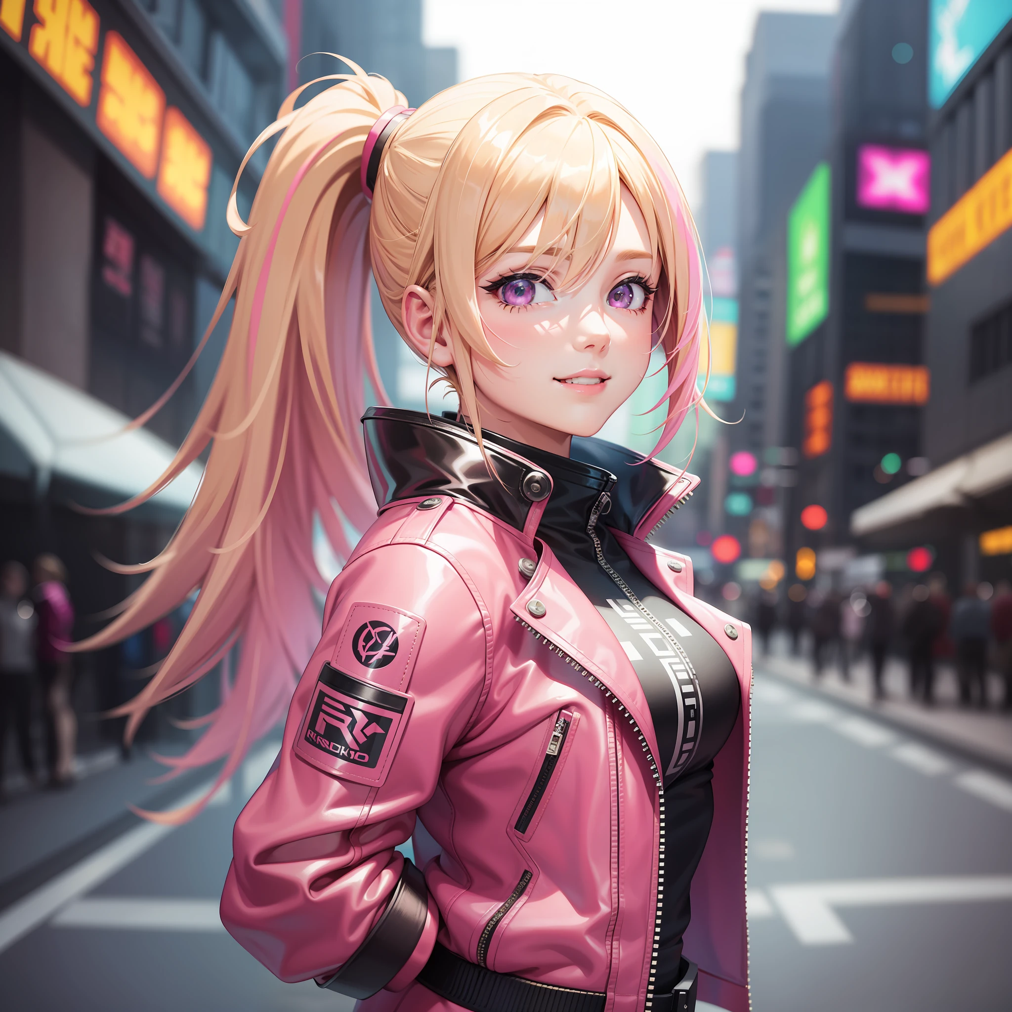 Cyberpunk Girl Ponytail Futuristic World Best Quality Smile Masterpiece Beautiful Girl Leather Jacket Blonde Pink Hair