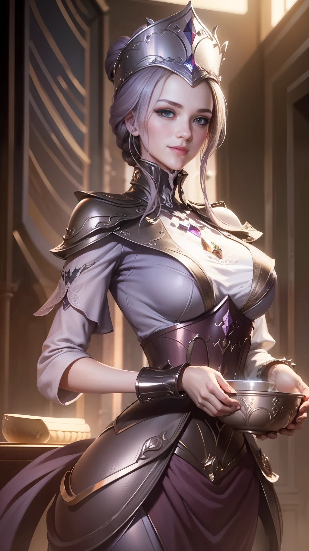 Best Quality, Masterpiece, Ultra High Resolution, (Realism: 1.4), (High Detail Skin: 1.2), (Seductive Smile: 0.8), Super Detailed, Colorful, Extremely Detailed and Beautiful Background, Blush, Acura, Star Pupil, on_body, Tyndall Effect, Realistic, Shadow Room, Light Edge, Two-tone Lighting, 8K UHD, SLR, Soft Light, High Quality, Volumetric Lighting, Photo, High Resolution, 4K, 8K, Background Blur, A Beautiful Woman Holding a Bowl of Medicine