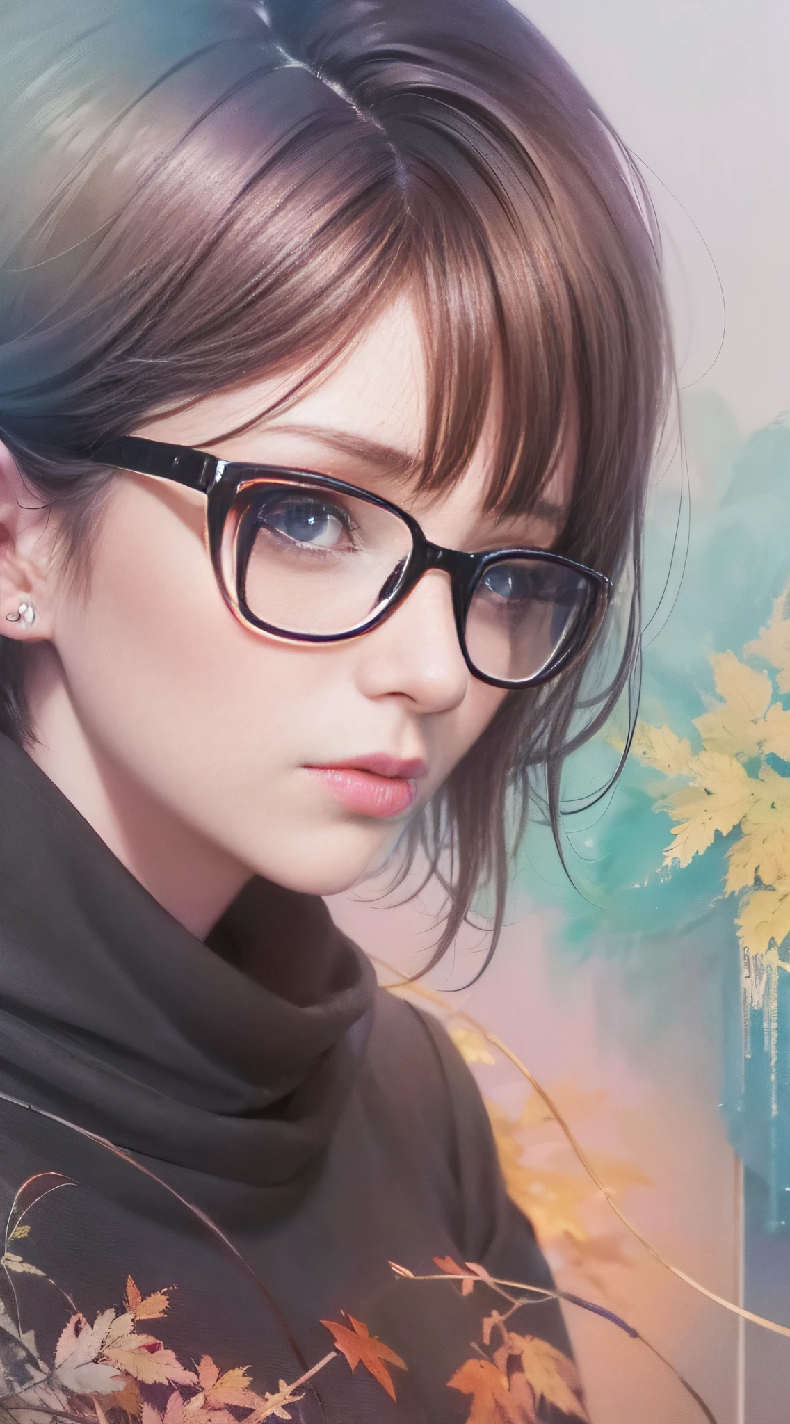 a painting by mse a woman wearing glasses by agnes cecile, short hair, luminous design, pastel colours, ink drips, autumn lights
