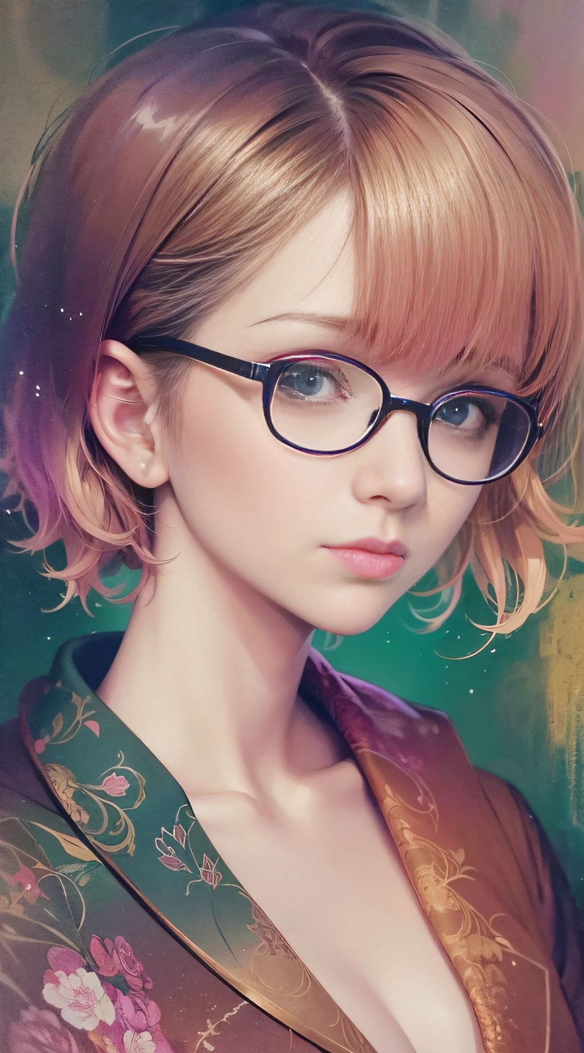 a painting by mse a woman wearing glasses by agnes cecile, short hair, luminous design, pastel colours, ink drips, autumn lights