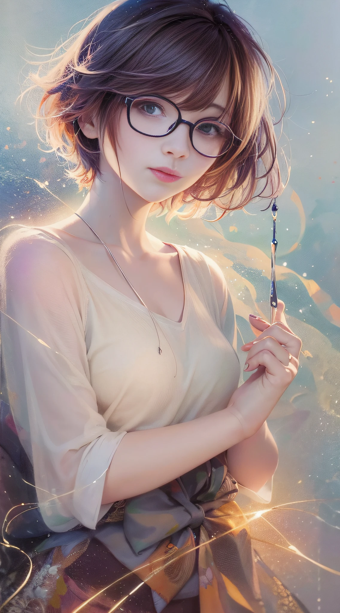 a painting by mse a woman wearing glasses by agnes cecile, short hair, luminous design, pastel colours, ink drips, autumn lights