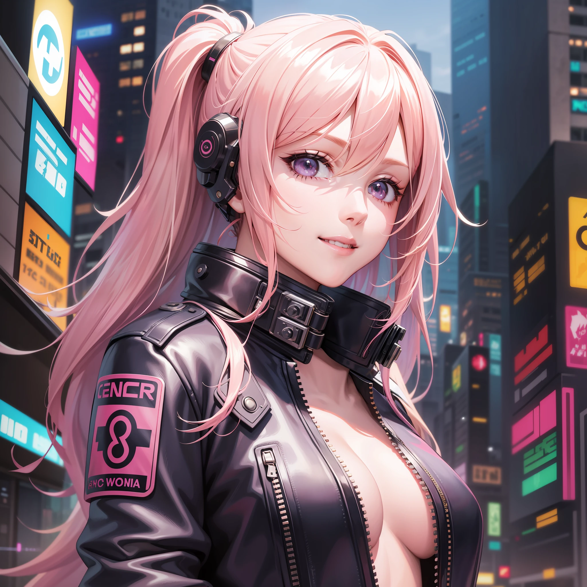 Cyberpunk Girl Long Hair Futuristic World Best Quality Smile Masterpiece Beautiful Girl Leather Jacket Blonde Pink Hair