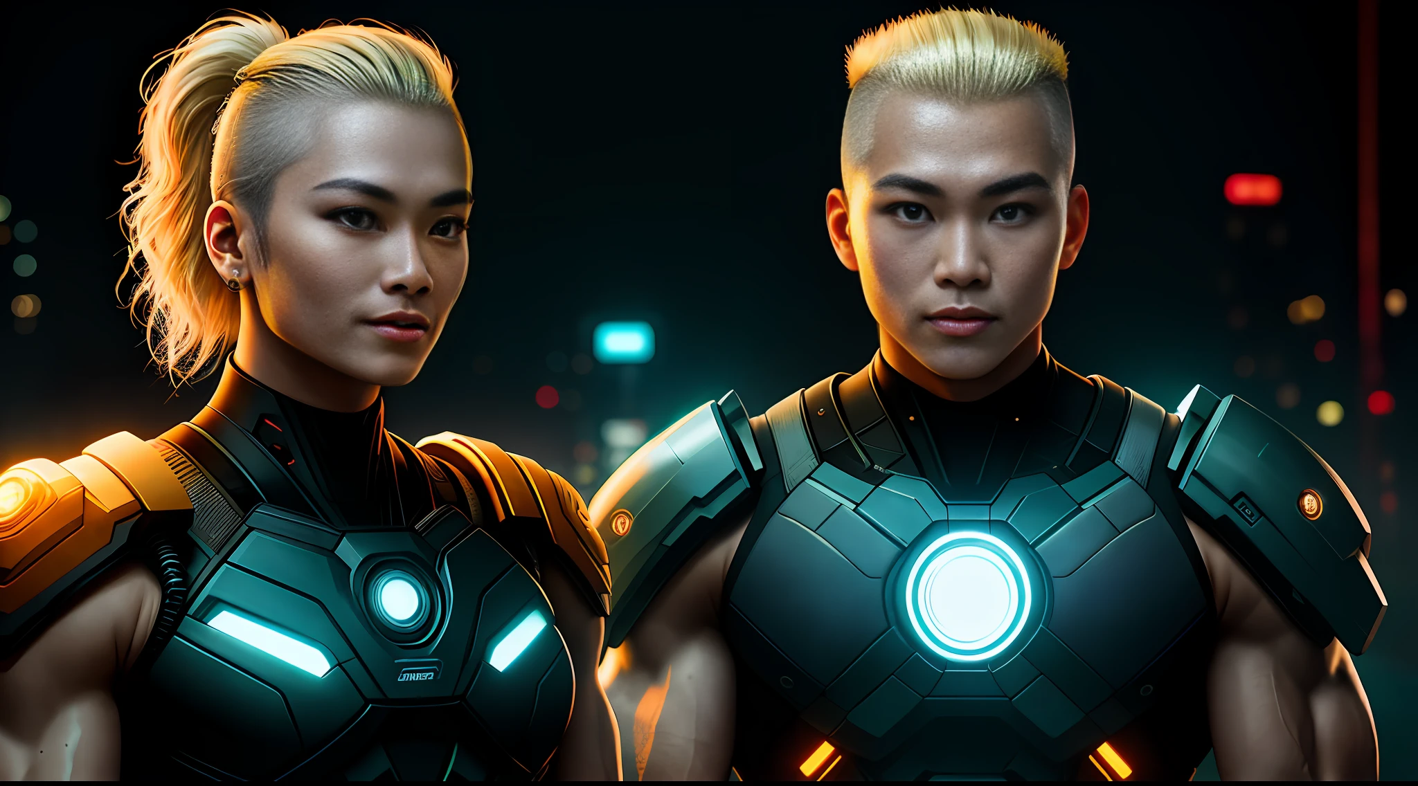 cyberpunk portrait photography, beautiful young thai woman with blonde hair, shaved on one side of the head, bodybuilder physique, looking away from camera in glowing futuristic, smile, superhero outfit, smiling, super realistic face, eyes visible through hair, proper eye position, natural skin, soft light, rim light, hips, in road side, detailed background, intricate , highly detail, octane render, HD, 8k, by Annie Leibovitz,120mm