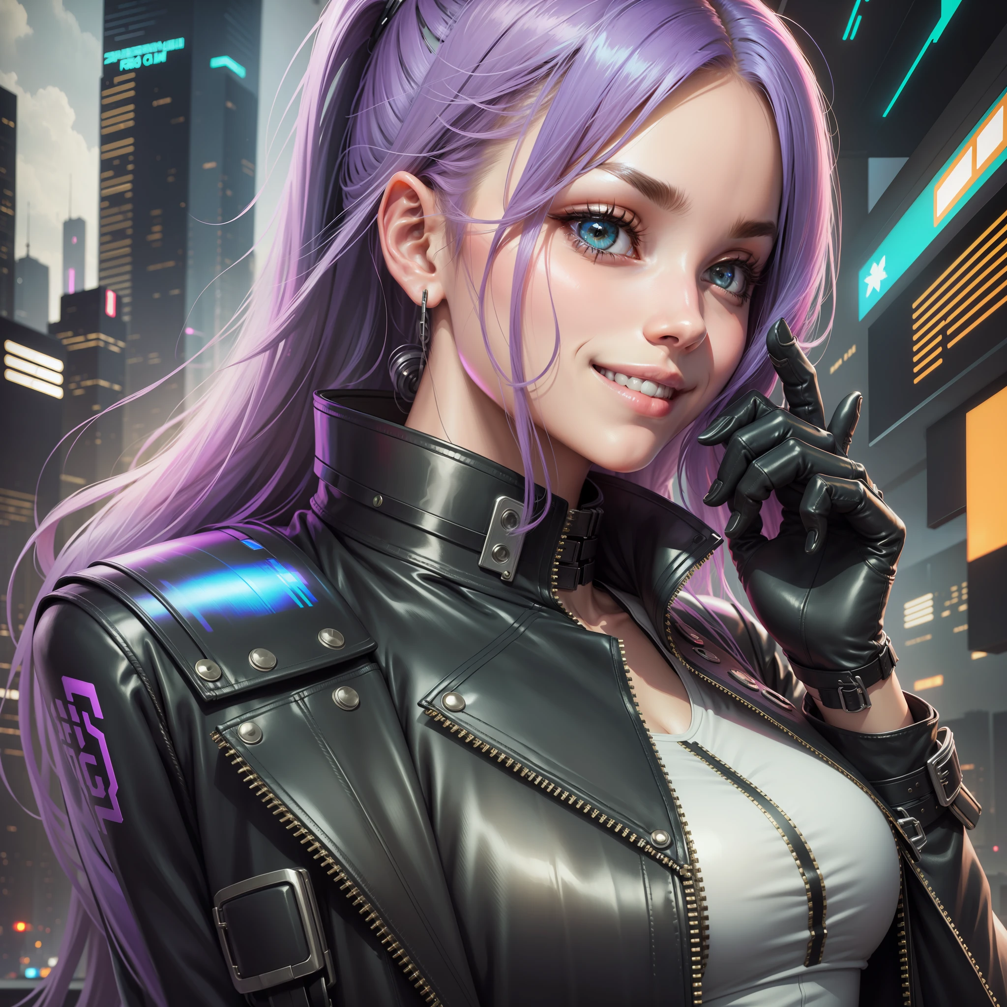 Cyberpunk Girl Long Hair Futuristic World Top Quality Smile Masterpiece Beautiful Girl Leather Jacket