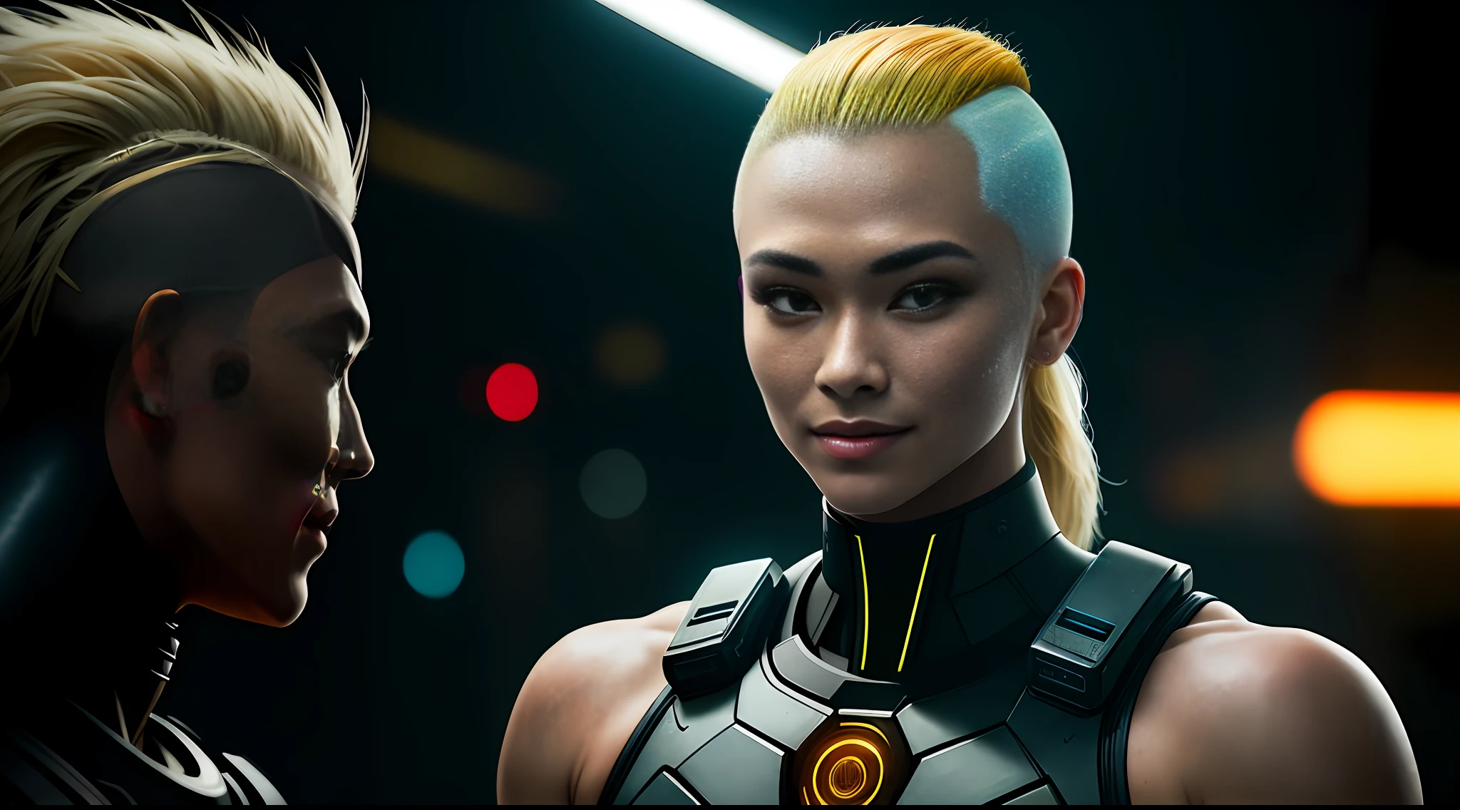 cyberpunk portrait photography, beautiful young thai woman with blonde hair, shaved on one side of the head, bodybuilder physique, looking away from camera in glowing futuristic, smile, superhero outfit, smiling, super realistic face, eyes visible through hair, proper eye position, natural skin, soft light, rim light, hips, in road side, detailed background, intricate , highly detail, octane render, HD, 8k, by Annie Leibovitz,120mm