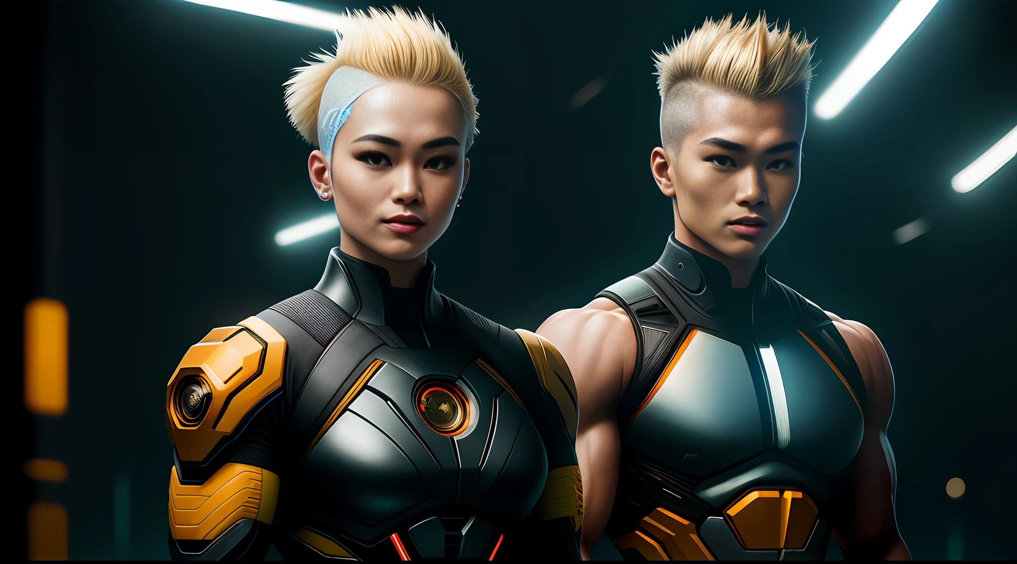 cyberpunk portrait photography, beautiful young thai woman with blonde hair, shaved on one side of the head, bodybuilder physique, looking away from camera in glowing futuristic, smile, superhero outfit, smiling, super realistic face, eyes visible through hair, proper eye position, natural skin, soft light, rim light, hips, in road side, detailed background, intricate , highly detail, octane render, HD, 8k, by Annie Leibovitz,120mm