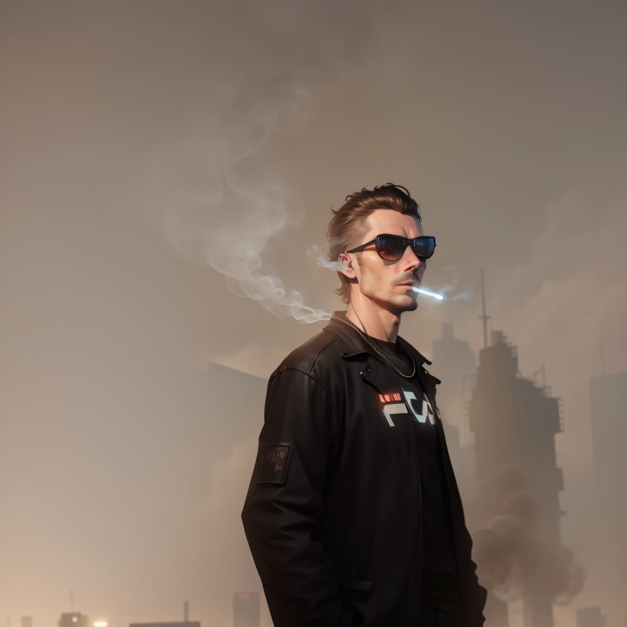 cyperpunk city behind smoking guy, evening, neon lights, Andrey Gevechanov style --auto --s2