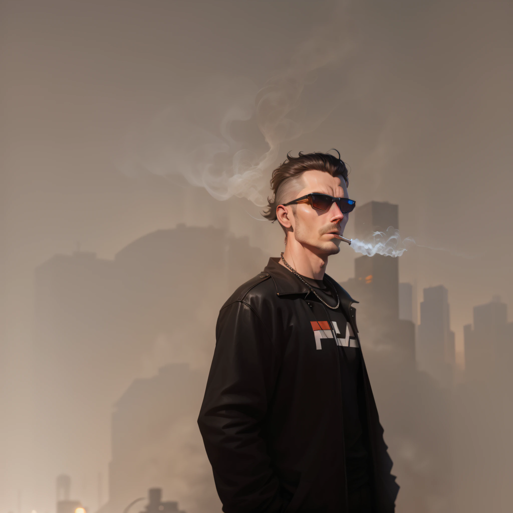 cyperpunk city behind smoking guy, evening, neon lights, Andrey Gevechanov style --auto --s2