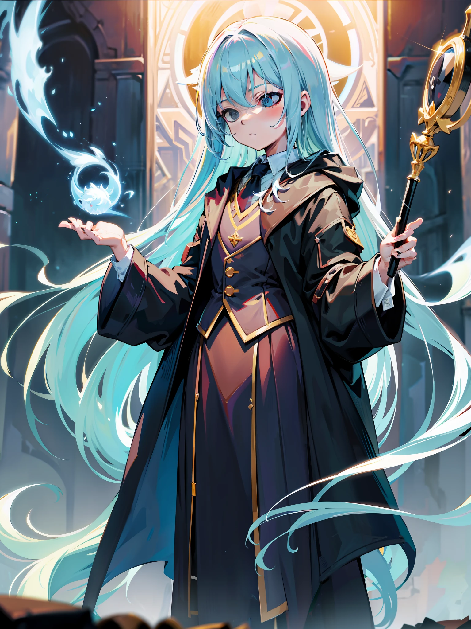 (SFW), inspired by Harry Potter, long white hair, long hair, boy, shota, sleeping expression, sleepy, holding a badger in his hand, wearing a suit, yellow striped tie, magician, perfect quality, clear focus, colorful, clear face, complex details, heads-up, vista, full body, Harry Potter magic wand in hand, wooden magic wand, good figure, close-up, heads-up