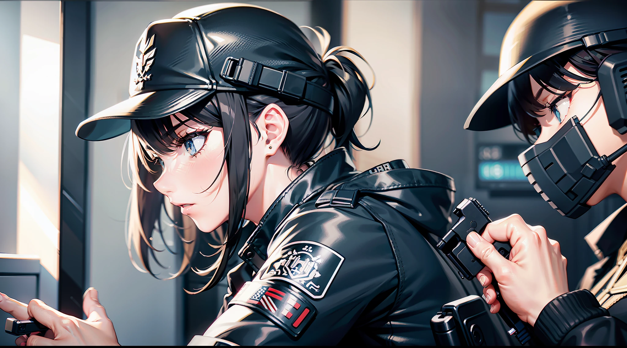 black clothes, PMC, CQB, CQC, hand gun, battle girls, in the building, sneak attack