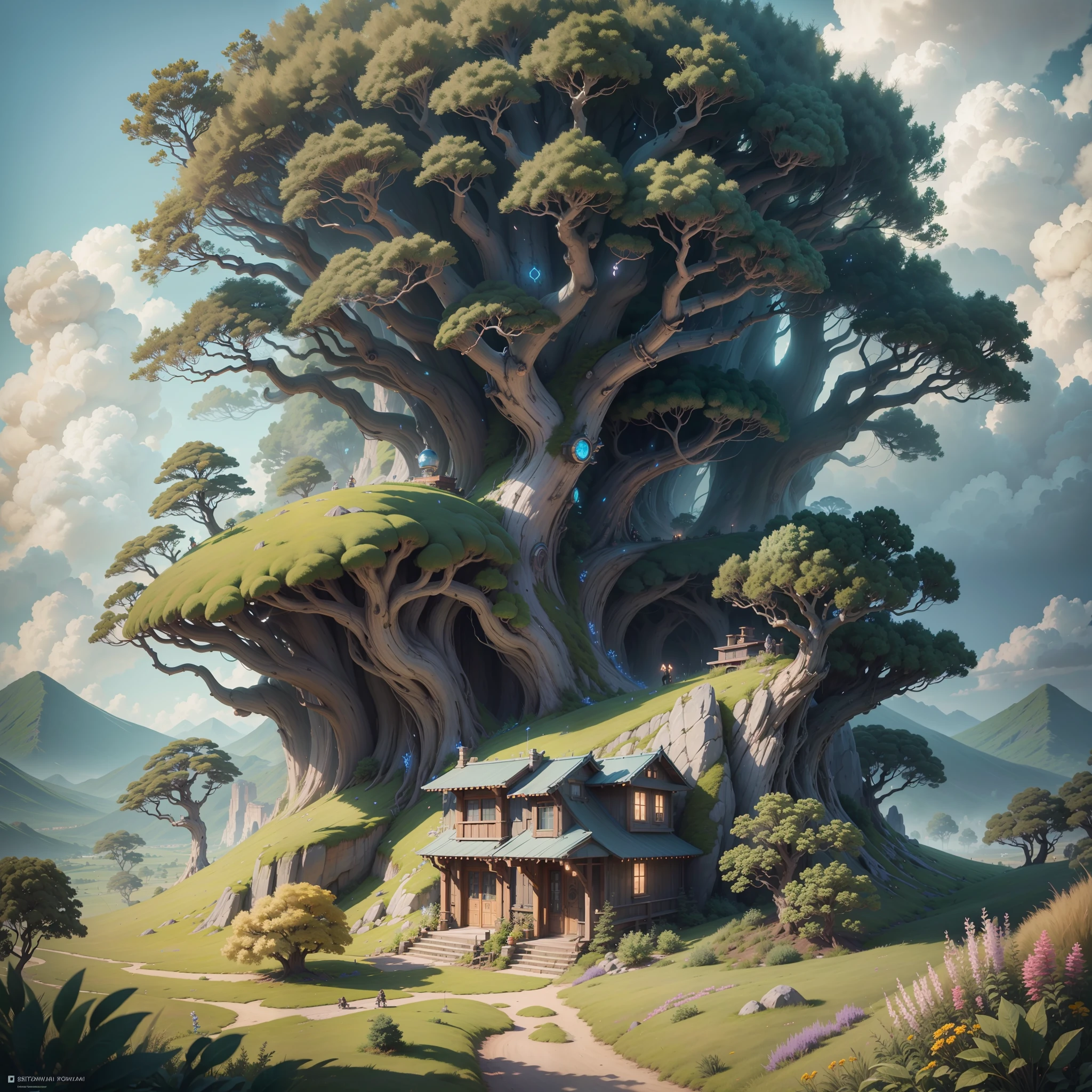 Masterpiece, best quality, (very detailed CG unity 8k wallpaper), (best quality), (best illustration), (best shadows), glow sprite, with cyborgs, natural elements in the forest theme. Mysterious forest, beautiful forest, nature, surrounded by flowers, delicate leaves and branches surrounded by fireflies (natural elements), (jungle theme), (leaves), (twigs), (particle effects) etc. 3D , Octane rendering, ray tracing, super Detailed Sky, Clouds, holding_weapon, no_humans, Glow, giant mechanical _ trees , city with tall trees _Architecture, “sky, cloud, glowing, big trees ,cybernetic landscape, robot, cybernetic _trees, tree_mech, sci-fi, cityscape, realistic, mechanical” Science Fiction, Cities, Rendered in Octane, hyper realistic, 8k, epic composition, cinematic, octane render, artstation landscape vista photography by Carr Clifton & Galen Rowell, 16K resolution, Landscape veduta photo by Dustin Lefevre & tdraw, 8k resolution, detailed landscape painting by Ivan Shishkin, DeviantArt, Flickr, rendered in Enscape, Miyazaki, Nausicaa Ghibli, Breath of The Wild,,trending in artstation, cgsociety, 8k post-processing highly detailed,Junji Murakami, Mucha Klimt, Sharandula, Hiroshi Yoshida, Tom Bagshaw, Ross Tran, Artgerm,Craig Mullins,dramatic,Junji Murakami, --auto --s2
