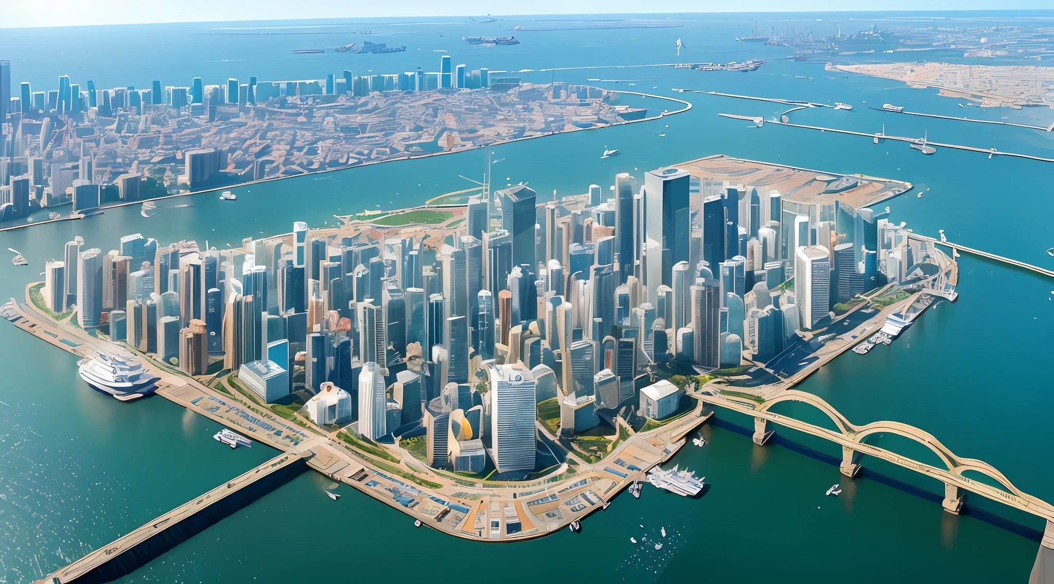(masterpiece, highest quality:1.4), photo, bird's eye view, futuristic city, water city, harbor, boats, tiltshift, miniature, complex photo