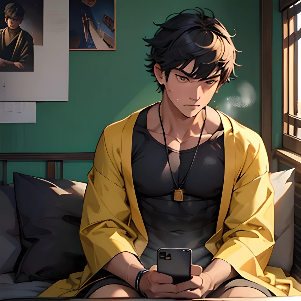 Masterpiece, best quality, super detailed, illustrated, a 20-year-old male with short hair in a yellow Taoist robe, (serious expression, sweating: 1.5) sitting on a sofa in his bedroom, watching a mobile phone video, (upper body display: 1.4)