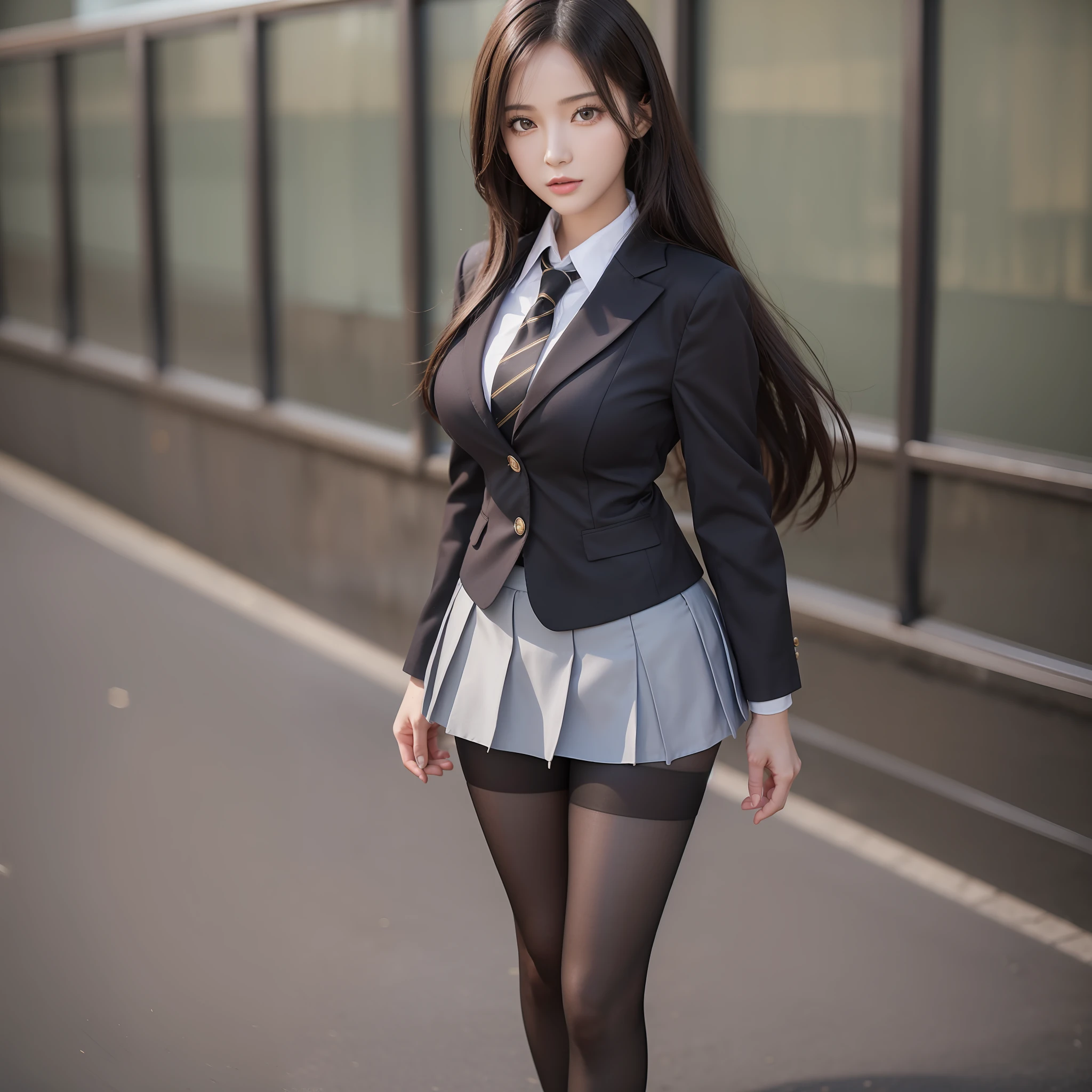 Pretty girl standing, thin legs, high heels on the ground, classroom, (masterpiece:1.3), (8k, photorealistic, RAW photo, best quality: 1.4), (1girl), beautiful face, (realistic face), black hair, long hair, beautiful hairstyle, realistic eyes, pretty detailed eyes, realistic skin, beautiful skin, super high resolution, super realistic, very detailed, golden ratio, cute, cute female teacher, high school girl in jk uniform, surreal high school girl, short skirt, tight skirt, pantyhose, black stockings, full body view, thin arms, big breasts