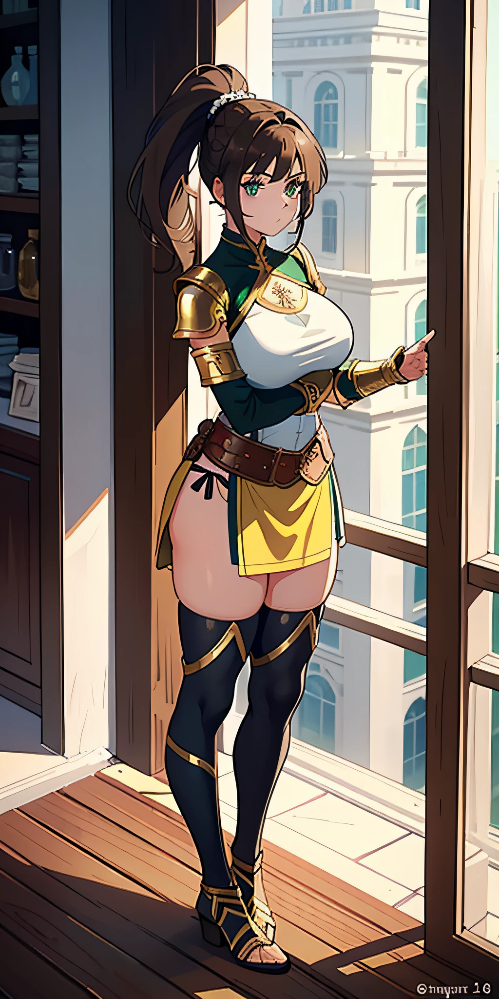 (masterpiece: 1.2, best quality), (finely detailed beautiful eyes: 1.2), a girl with a brown ponytail, green eyes, large breasts, only 1 girl, , Roman warrior outfit (standing), (full body)