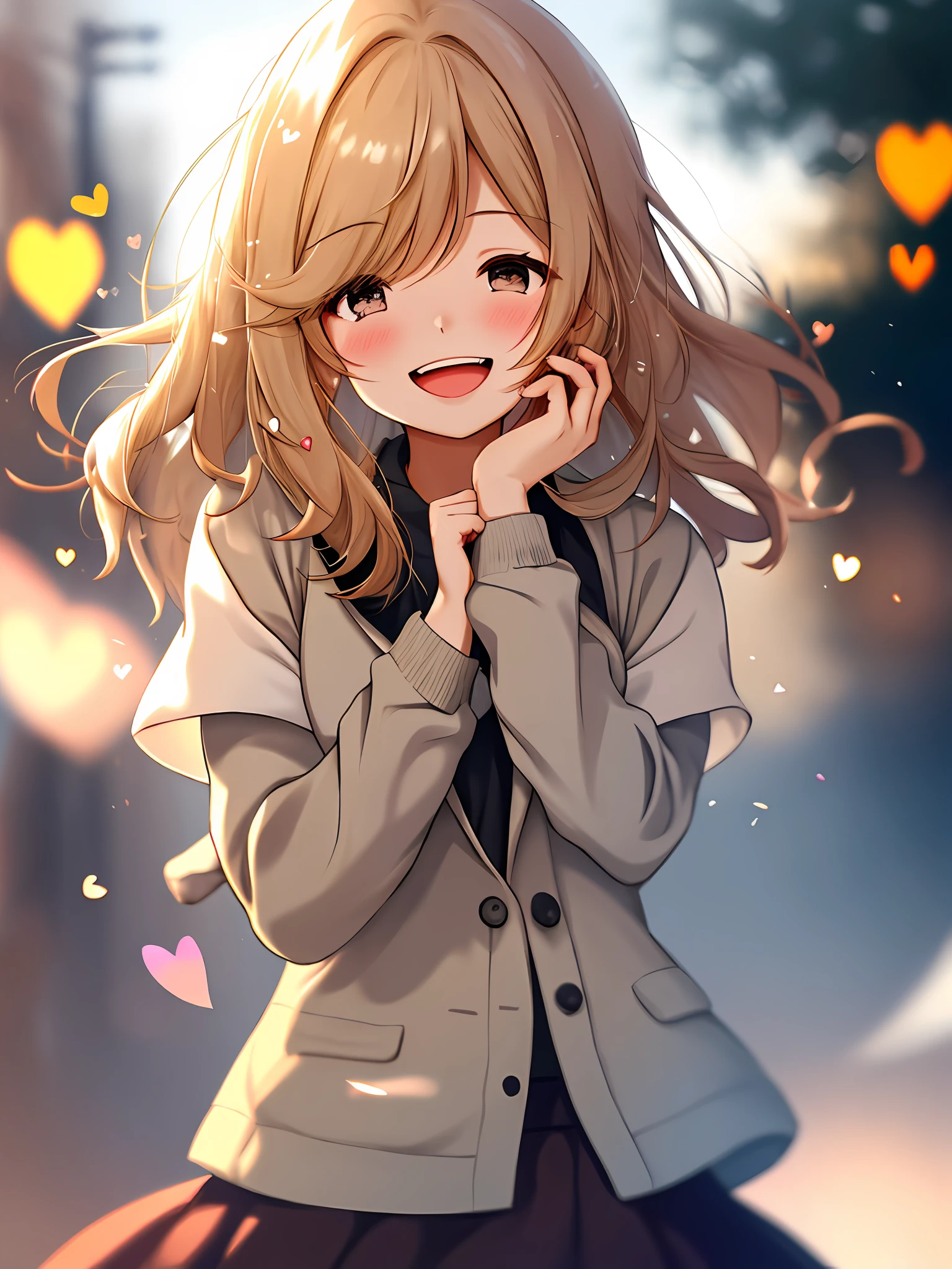 A girl, wearing a skirt, upper body, (laughs: 1.1), (open mouth: 1.1), (eyes open: 1.2), bright light, background bokeh, depth of field, blurred background, light particles, strong wind, (heart particles: 1.1)