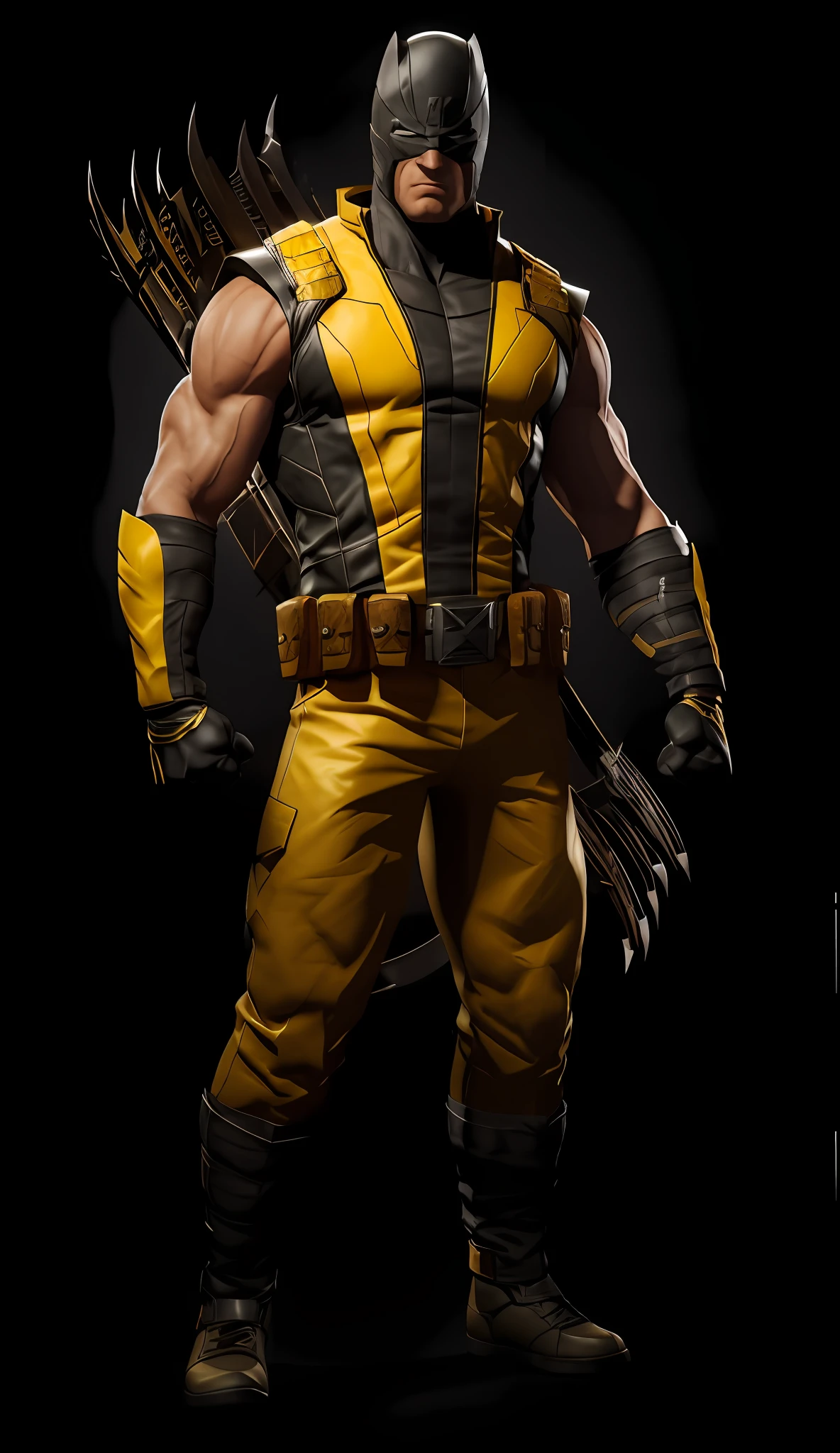 arafed image of a man in a yellow outfit with a wolverine costume, high detail iconic character, full body x-force outfit, yellow x-man costume, wolverine, unreal engine character art, hyperrealistic image of x, x-man costume, wolverine action pose, 3 d character art, hawkeye, 3 d render character art 8 k, logan