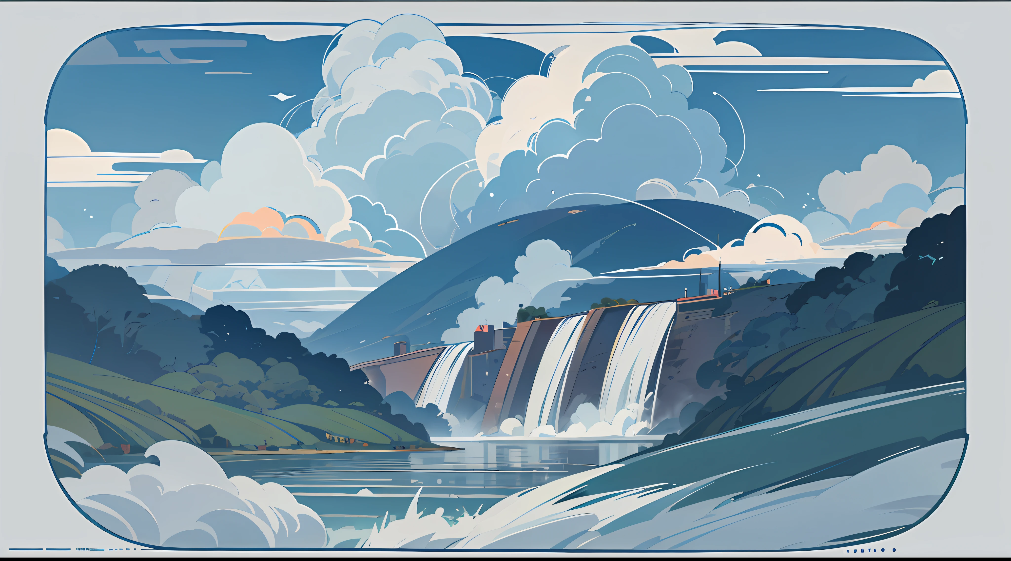 The vista, the clouds, the dam, the raging current. Illustration style, simple vector art,