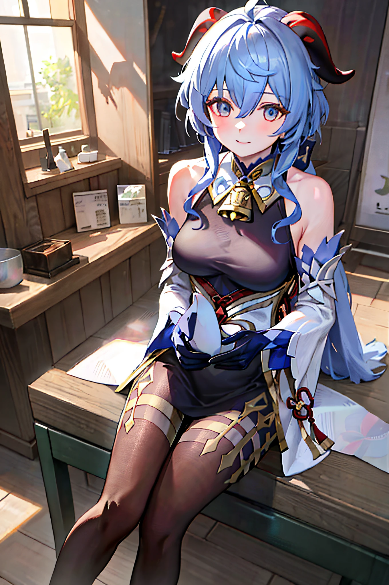 (photorealistic:1.4), (masterpiece, sidelighting, finely detailed beautiful eyes: 1.2), masterpiece*portrait, realistic, 3d face,
ganyu \(genshin impact\), 1girl, ahoge, architecture, bangs, bare shoulders, bell, black gloves, black pantyhose, (blue hair), blush, breasts, chinese knot, detached sleeves, flower knot, gloves, horns, long hair, looking at viewer, medium breasts, neck bell
