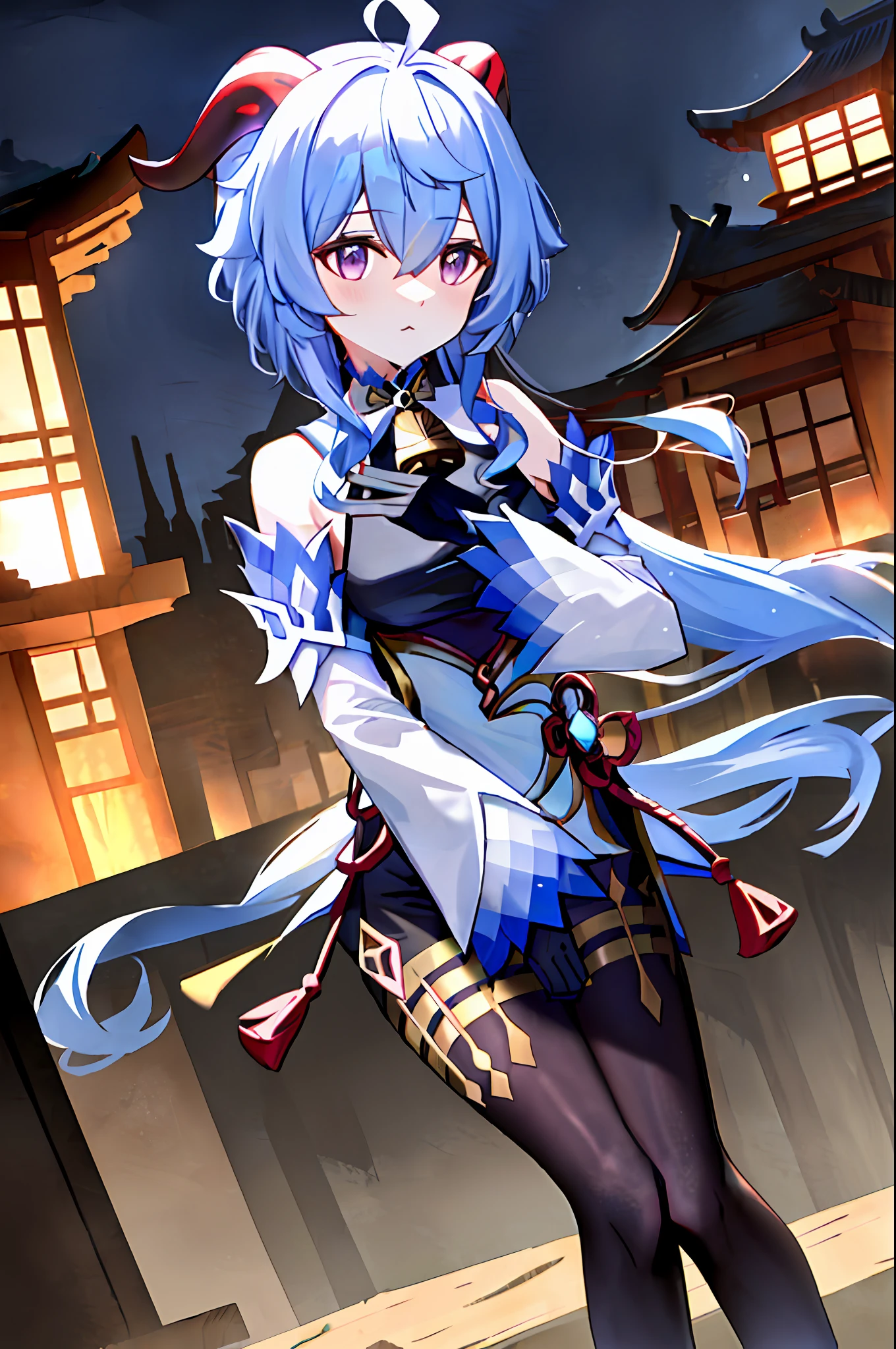 ganyu\(genshin impact\), 1girl, ahoge, architecture, bangs, bare shoulders, bell, black gloves, black tights, ((blue hair), blush, breasts, chinese knot, sleeve, East Asian architecture, flower knot, glove, horn, long hair, looking at the audience, medium chest, neckbell, night, outdoor, pantyhose, purple eyes, sideburns, solo, tassels, white sleeves, ((masterpiece))