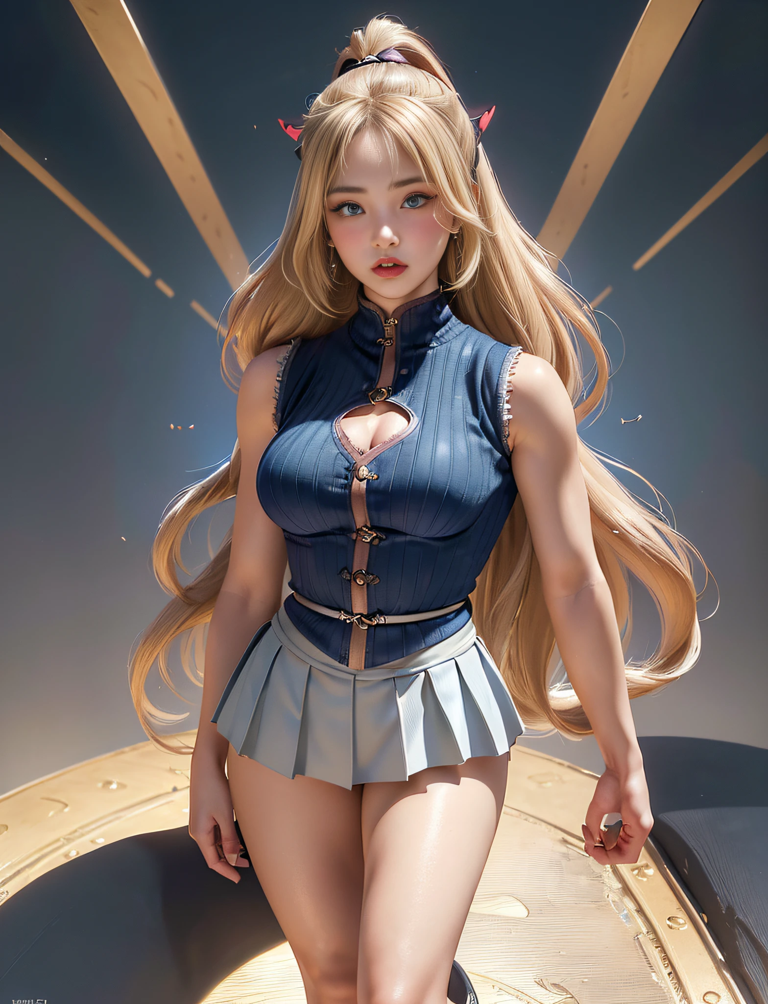 very detailed RAW color photo, (((1 girl))), (((alone))), (((29 years))), ((athletic)), ((very defined toned physique)), (((very defined and beautiful muscular body)), (((very detailed perfect body))), (((small and defined breasts))), (((ultra defined curves))), (((superior quality, 8k, masterpiece: 1.3)), sharp focus: 1.2, (((extremely beautiful girl with perfect figure: 1.4))), ((very thin waist: 1.2)), ultra detailed skin texture, ((smooth and soft skin)), (ultra detailed fabric texture), extremely beautiful ultra detailed face, (((extremely beautiful))), intricate details, ultra detailed, (((girl wearing a tight winter vest with a pleated miniskirt))), (((extremely long straight blonde hair))), extremely beautiful, (((extra long ponytail with bangs))), ((very detailed and beautiful cat ears)), (hair on the face), ((hair ribbon)), dynamic pose, ((uniform leaves thighs exposed)), ((ultra detailed legs)), (((ultra detailed waist))), (((very wide hips))), (((very thick thighs))), (sexy), (((extreme hourglass figure))), (((very thick heart lips))), (red lipstick)), ((ultra detailed lips)), ((ultra detailed blue eyes)), ((angry look)), (((staring at the viewer))), ultra detailed provocative mouth, Extremely beautiful seductive lips, ((blushing)), (makeup), (((ultra defined waist))), eye shadow, (full body shot), (military boots)