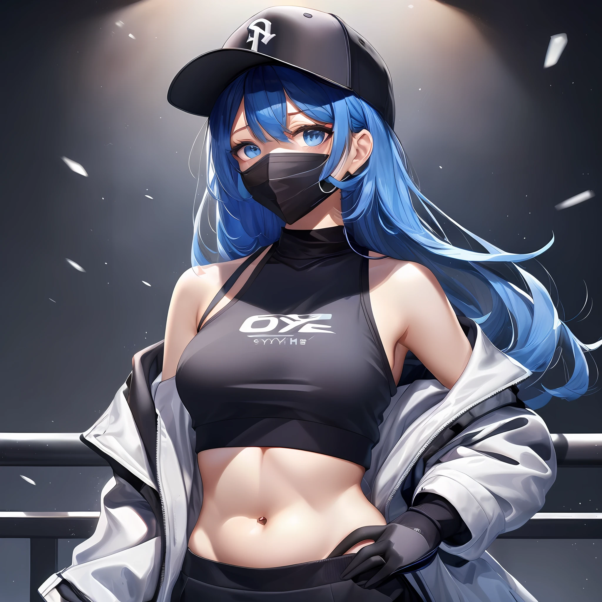 (anime, tone mapped:1.2),
1girl, bare shoulders, baseball cap, black gloves, black headwear, black shirt, blue eyes, blue hair, breasts, coat, crop top, gloves, hand on hip, hat, large breasts, long hair, long sleeves, looking at viewer, mask, midriff, mouth mask, navel, off shoulder, open clothes, open coat, shirt, sleeveless, sleeveless shirt, solo, stomach, upper body, white coat, waifu,
(symmetric), (exceptional, best aesthetic, new, newest, best quality, masterpiece, extremely detailed:1.2)