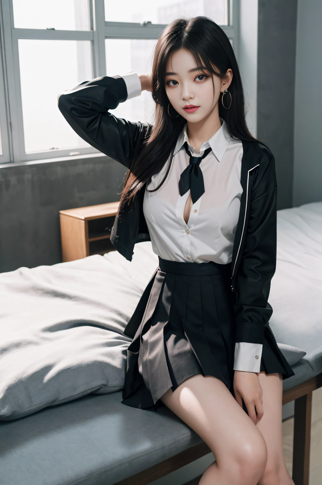 8K RAW photos, high resolution, cool Korean at 19 years old, big round breasts, only a little cleavage, school uniform, tie, tie ribbon, skirt, beautiful eyes to the details, long eyelashes, beautiful double eyelids, eye shadow, slit eyes, elongated eye shape, Sanpaku eyes, dark eye makeup, grunge makeup, evil smile, beautiful thin legs, random medium hair, earrings, school gymnasium,