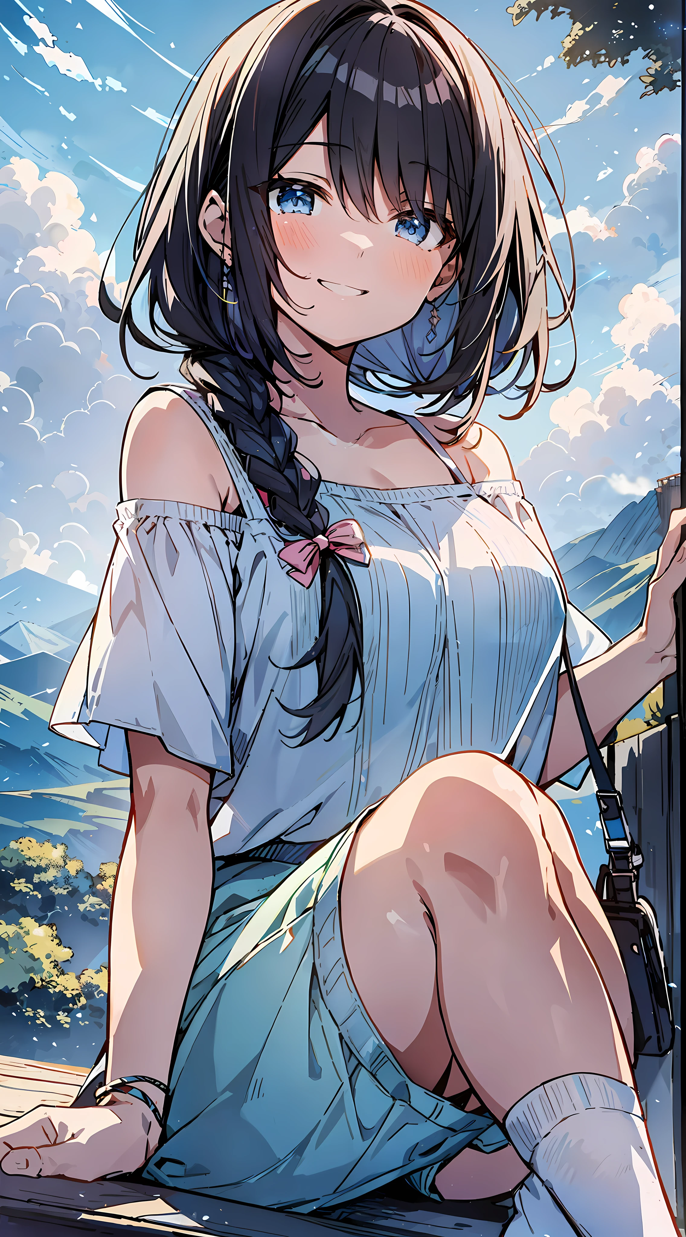 anime girl sitting on a ledge with a mountain in the background, artwork in the style of guweiz, makoto shinkai and artgerm, guweiz, beautiful anime girl, clean detailed anime art, beautiful anime portrait, makoto shinkai art style, anime moe artstyle, detailed portrait of anime girl, detailed digital anime art