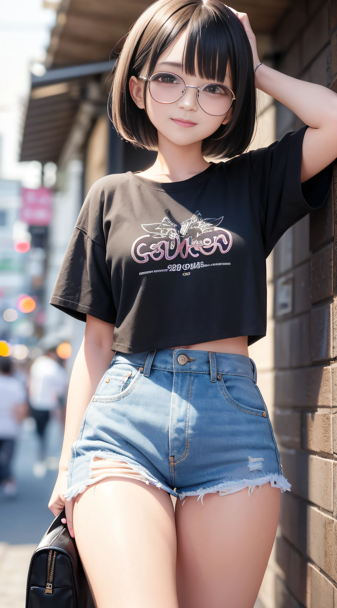 Top quality, Japan female idol, dainty, 20 years old, black hair, short hair, big eyes, small face, cute, smile, cute, beautiful girl, idol style, dynamism, round face, beautiful older sister, one ear sticking out, slightly blushing, neat young lady, texture close to live action, big smile, mouth bigger, hair shorter, hair fluttering in the wind, 10 heads, beauty, outer honey short hair, Short Wolf, Hanging Eyes, Portrait, Solo Shot, Idol-style Costume, See-through, Separate, Long Eyes, Girlfriend Feeling, Light Blue Clothes, Jeans, T-Shirt, One Cat, Sunglasses, Transparency, Sunglasses on Forehead