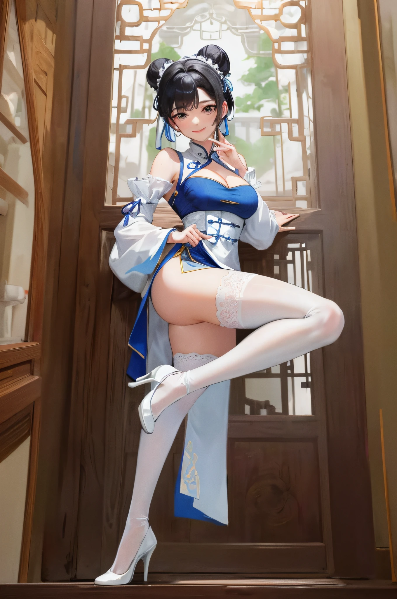 Masterpiece, Excellent, 1 Female, White Cloth Bun Bun, Fingers to the Mouth, Legs Wearing White Stockings with Lace Trim, Blue Cheongsam, Blue Clothes, A Little Cleavage, Leaky Shoulders, High Heels, Black Hair, Smile, Embroidered Clothes, Full Body Photo, Antique Chinese, Leg Lift