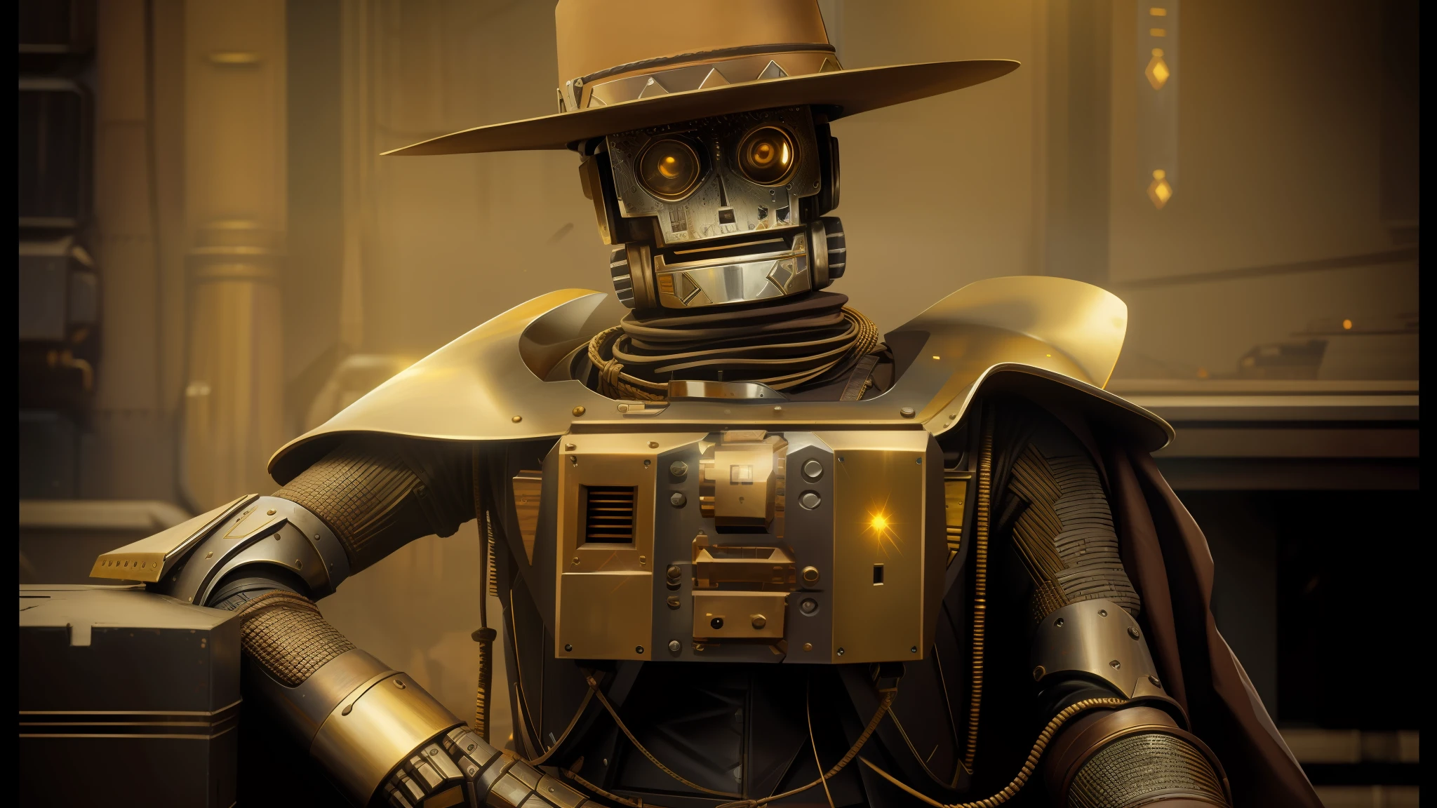 arafed robot with a hat and a suit of armor, 4 k wild west, best of behance, brown and gold, black stetson hat, love death + robots, solarpunk, u.s. national security advisor, cgsociety - w 1 0 2 4 - n 8 - i, ruggedly handsome ranger, at high noon