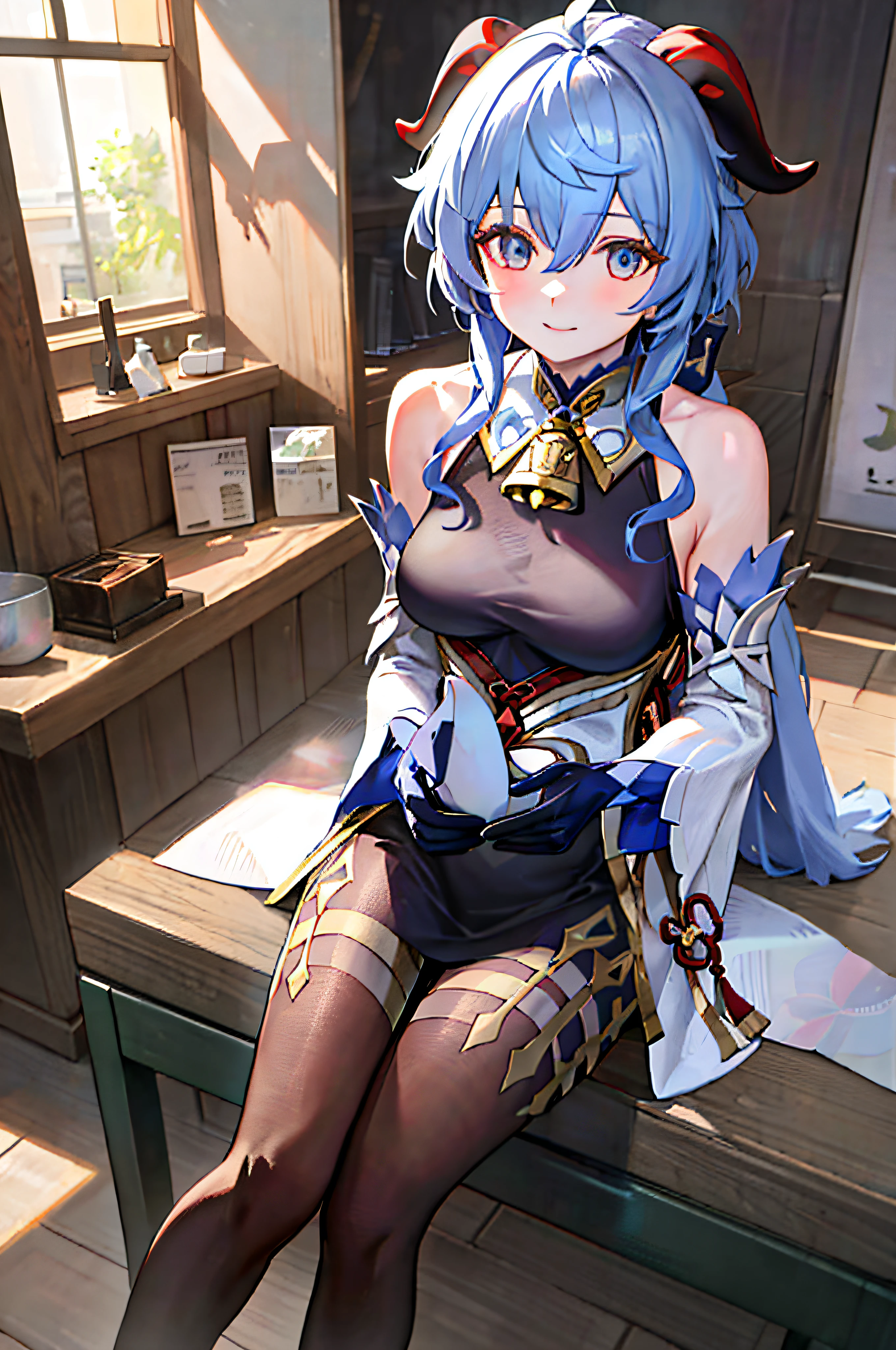 (photorealistic:1.4), (masterpiece, sidelighting, finely detailed beautiful eyes: 1.2), masterpiece*portrait, realistic, 3d face, 
ganyu \(genshin impact\), 1girl, ahoge, architecture, bangs, bare shoulders, bell, black gloves, black pantyhose, (blue hair), blush, breasts, chinese knot, detached sleeves, flower knot, gloves, horns, long hair, looking at viewer, medium breasts, neck bell