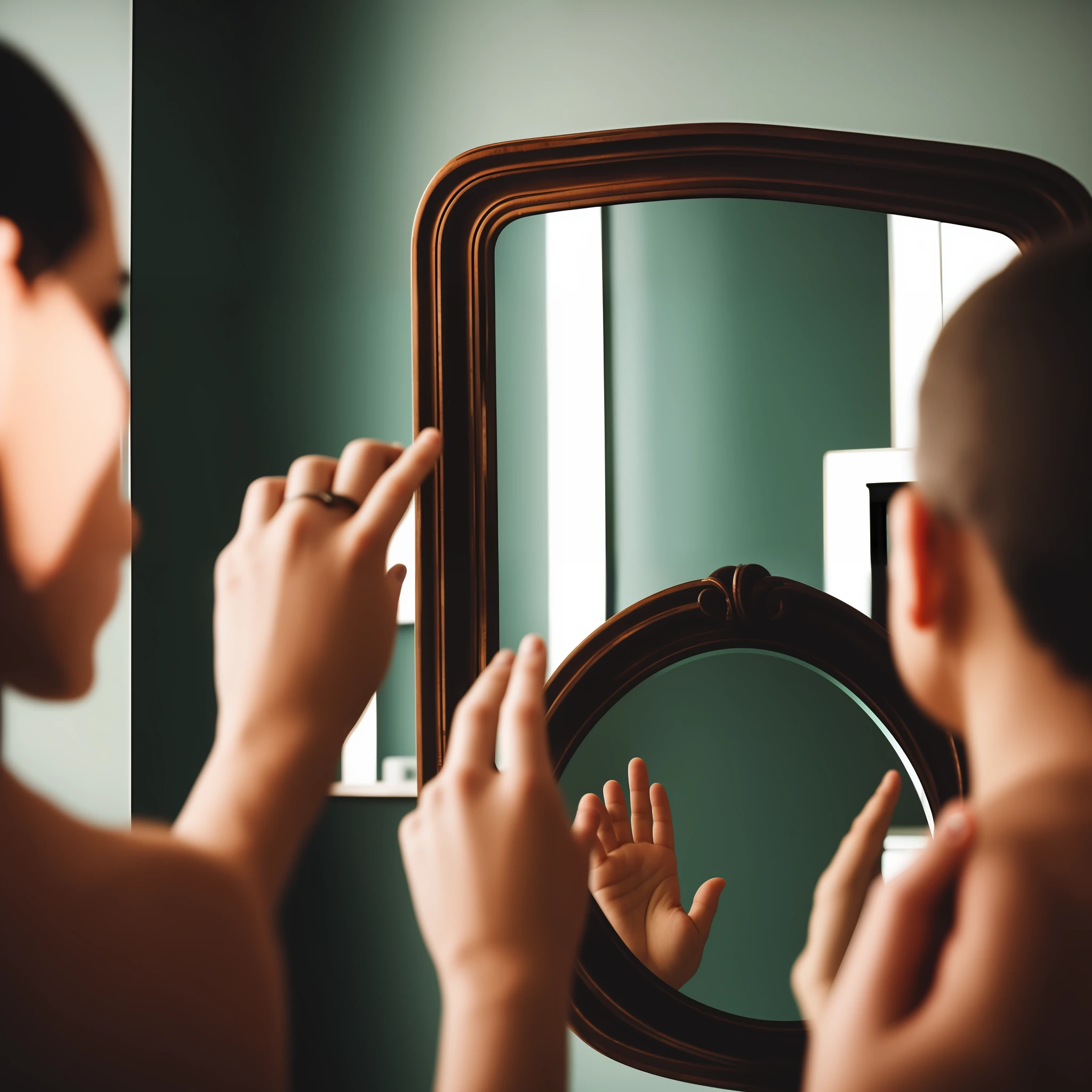 Only hands, hands reflected in the mirror