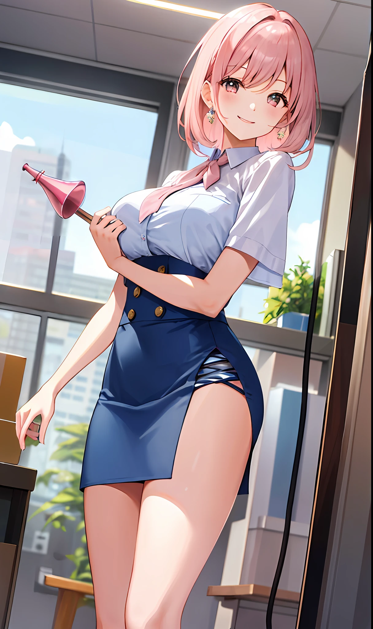 ((masterpiece, best)),(1girl),((mature woman)), light pink hair, dizzy, trumpet, ((office lady)), bangs, mid-chest, (full), slim, smiling, [wide hips] ,office,standing, aru \(blue archive\),