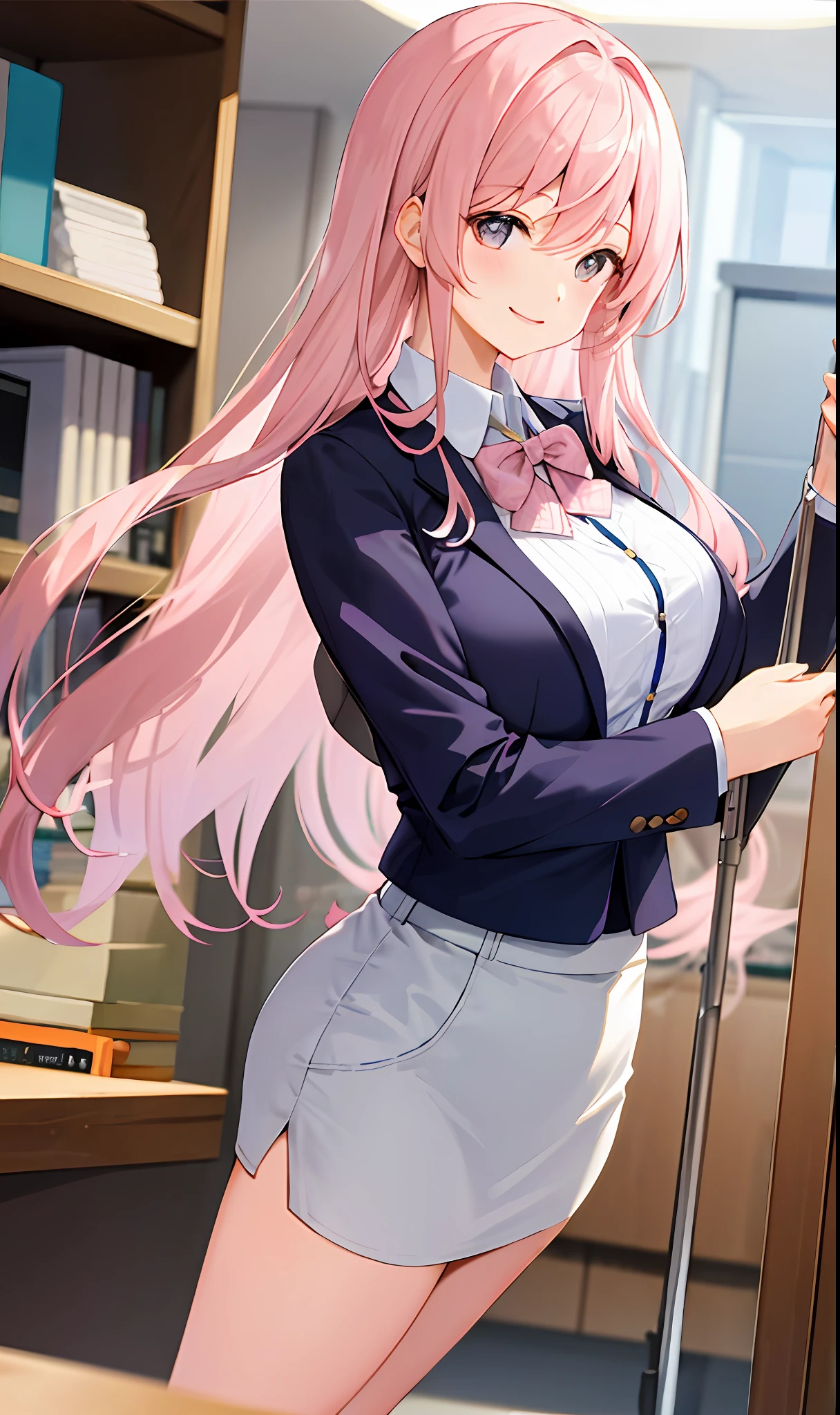 ((masterpiece, best)),(1girl),((mature woman)), light pink hair, dizzy, trumpet, ((office lady)), bangs, mid-chest, (full), slim, smiling, [wide hips] ,office,standing, aru \(blue archive\),