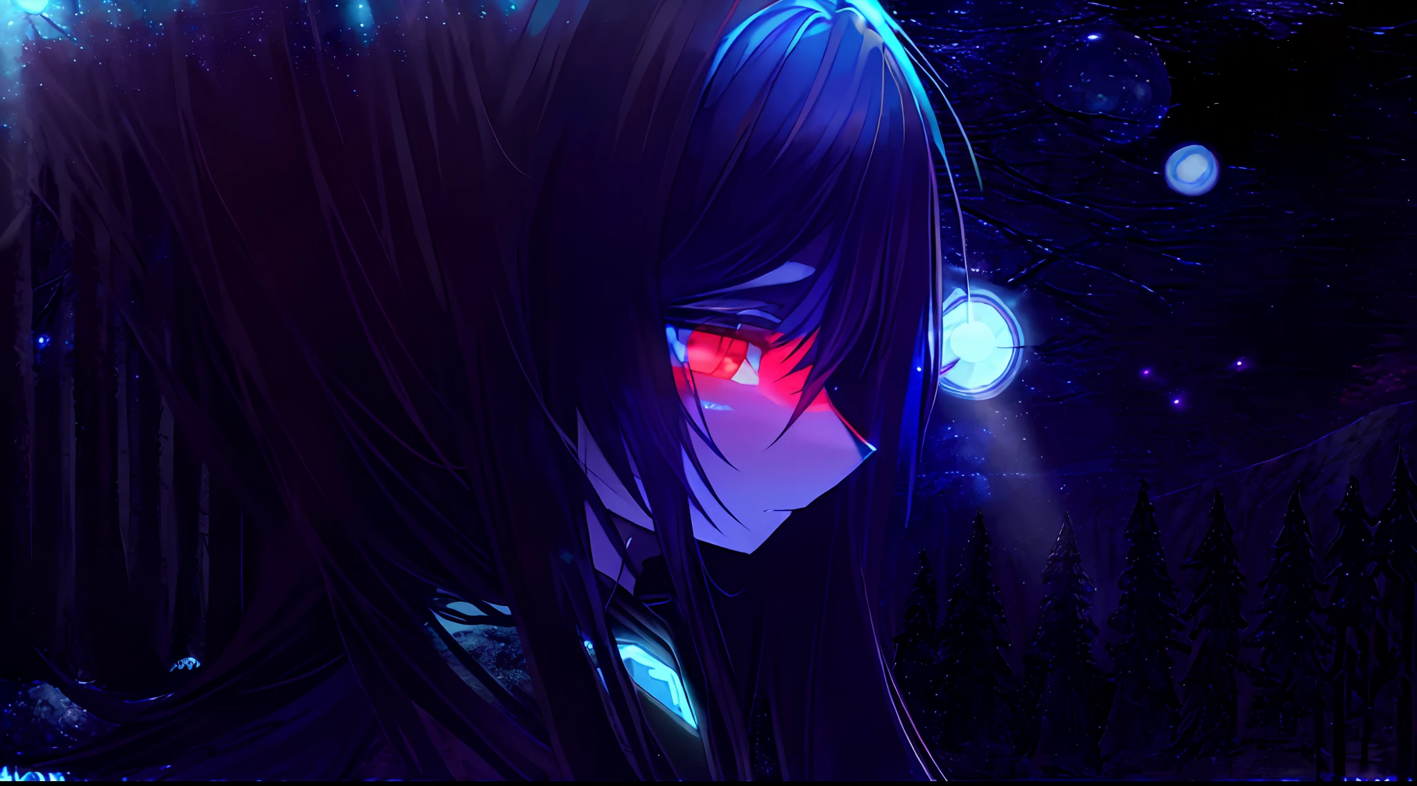 Black wolf, forest, dark fantasy, ((glowing light, blue moon:1.55)), master piece, body fur, HD, wolf, loli, 1girl, red eyes, long hair, neon hair,, assassin, blood in face
