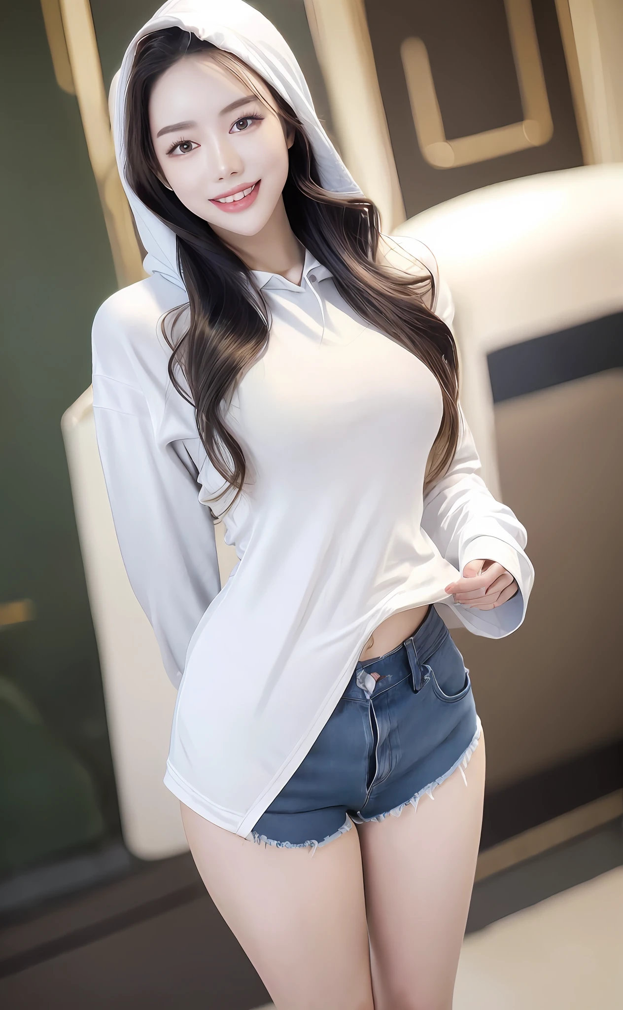 Realism, 8k, 1girl, long wavy curls, pale skin (Chinese beauty), (smiling) young beauty, thick eyebrows, ((d cups)), hoodie ((good figure)), (tight) denim shorts (denim shorts), small waist, wide thighs, standing one thigh up, wide thigh gap, leg apart, ( leg white)